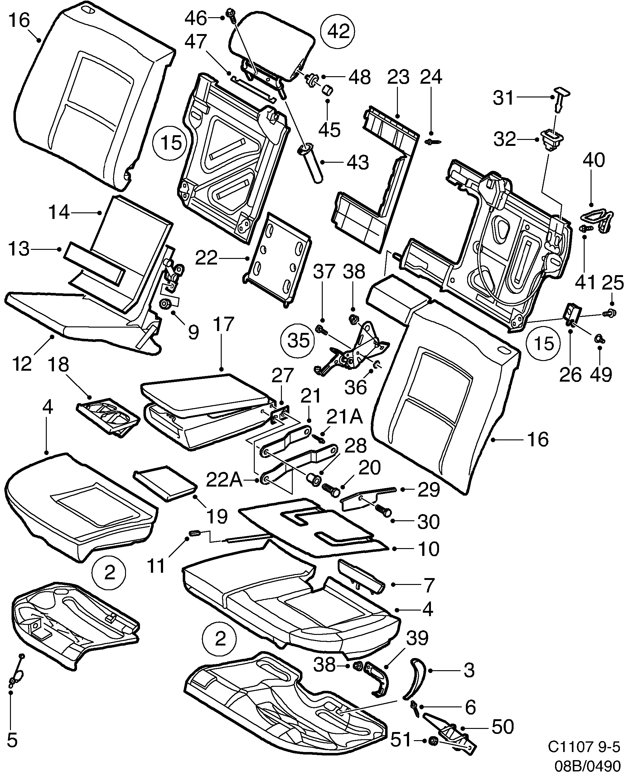 Saab 9-5 (9600) Rear seat diagram