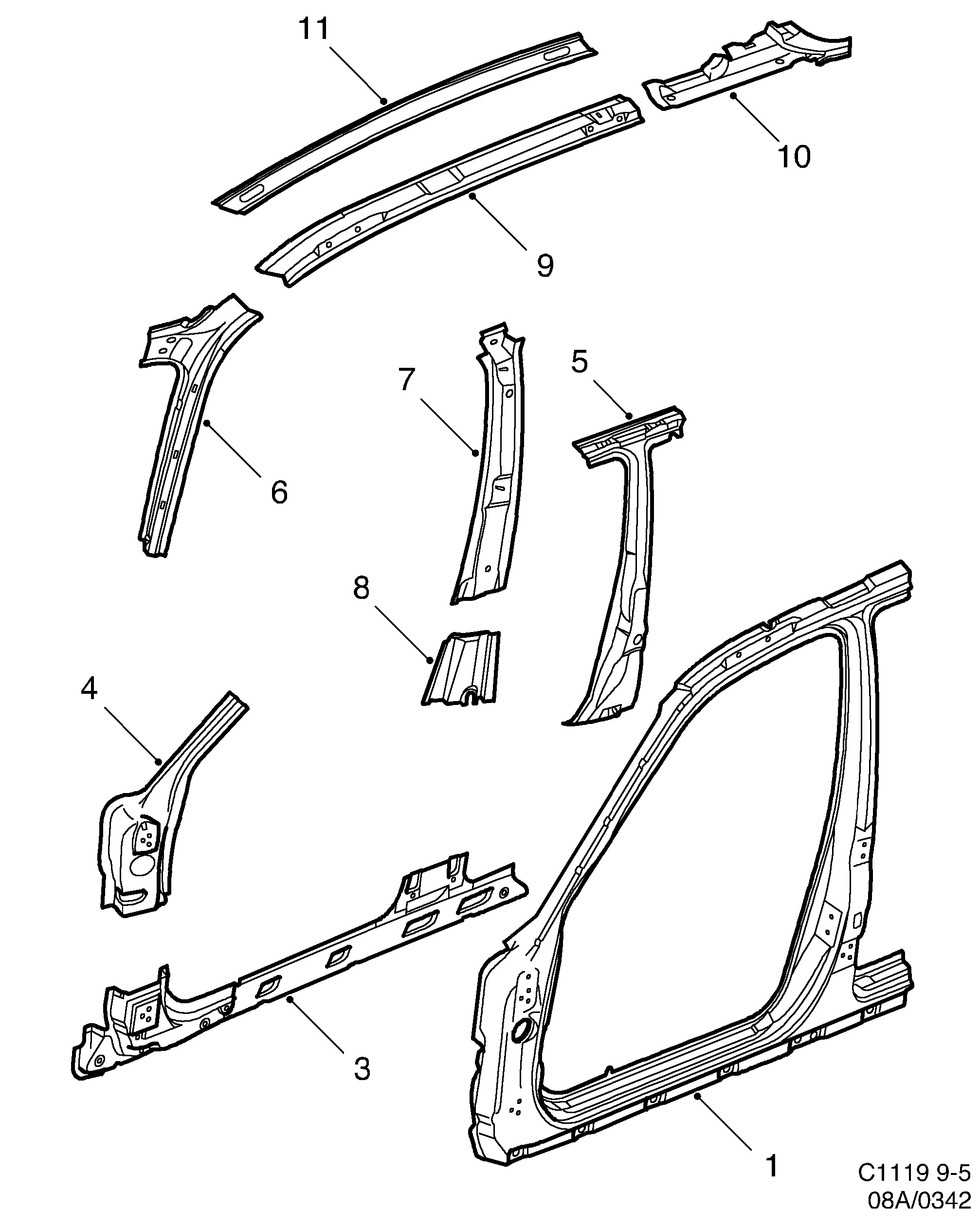 Saab 9-5 (9600) Door frame diagram