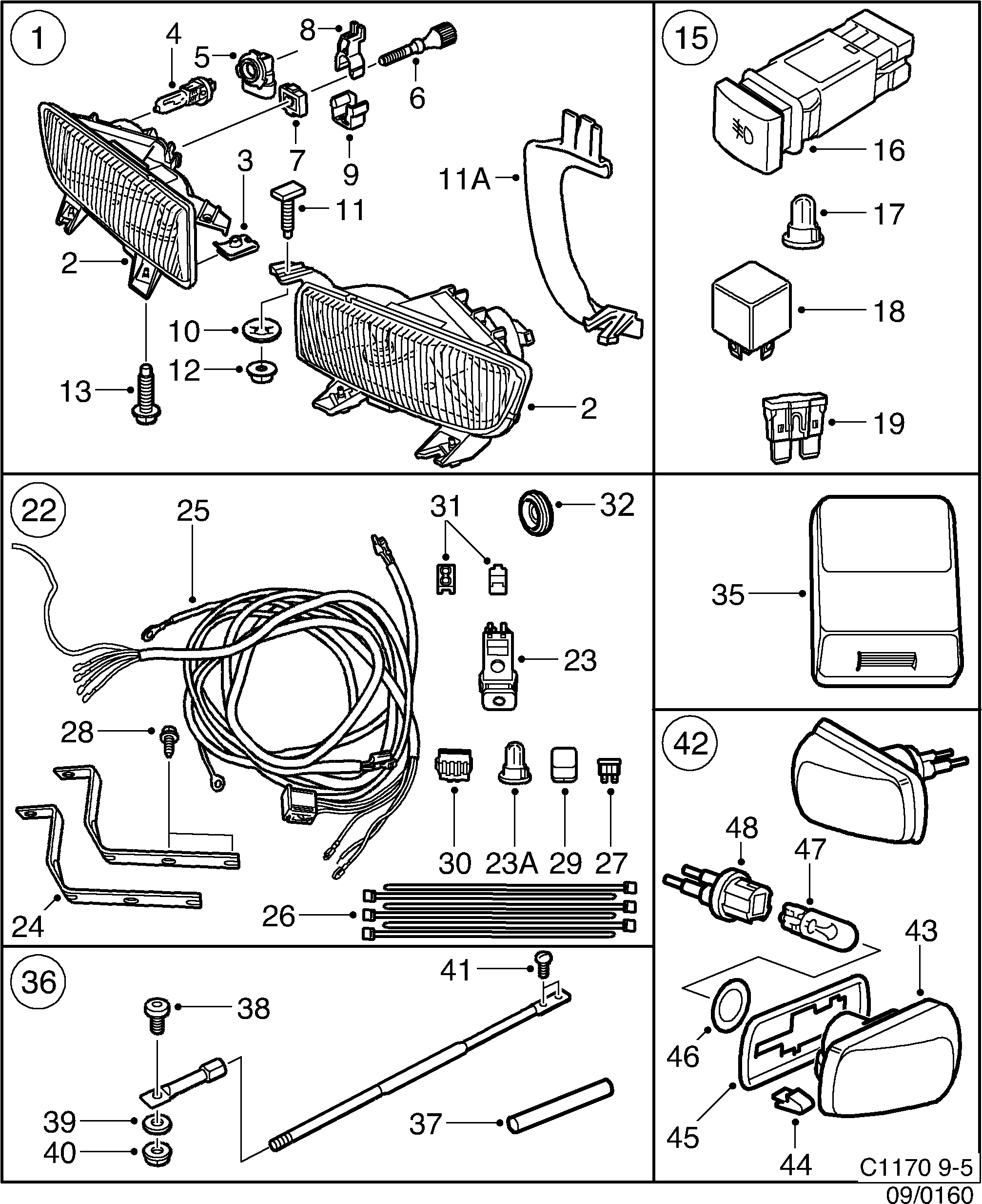 Saab 9-5 (9600) Spotlight Side indicator lamp diagram