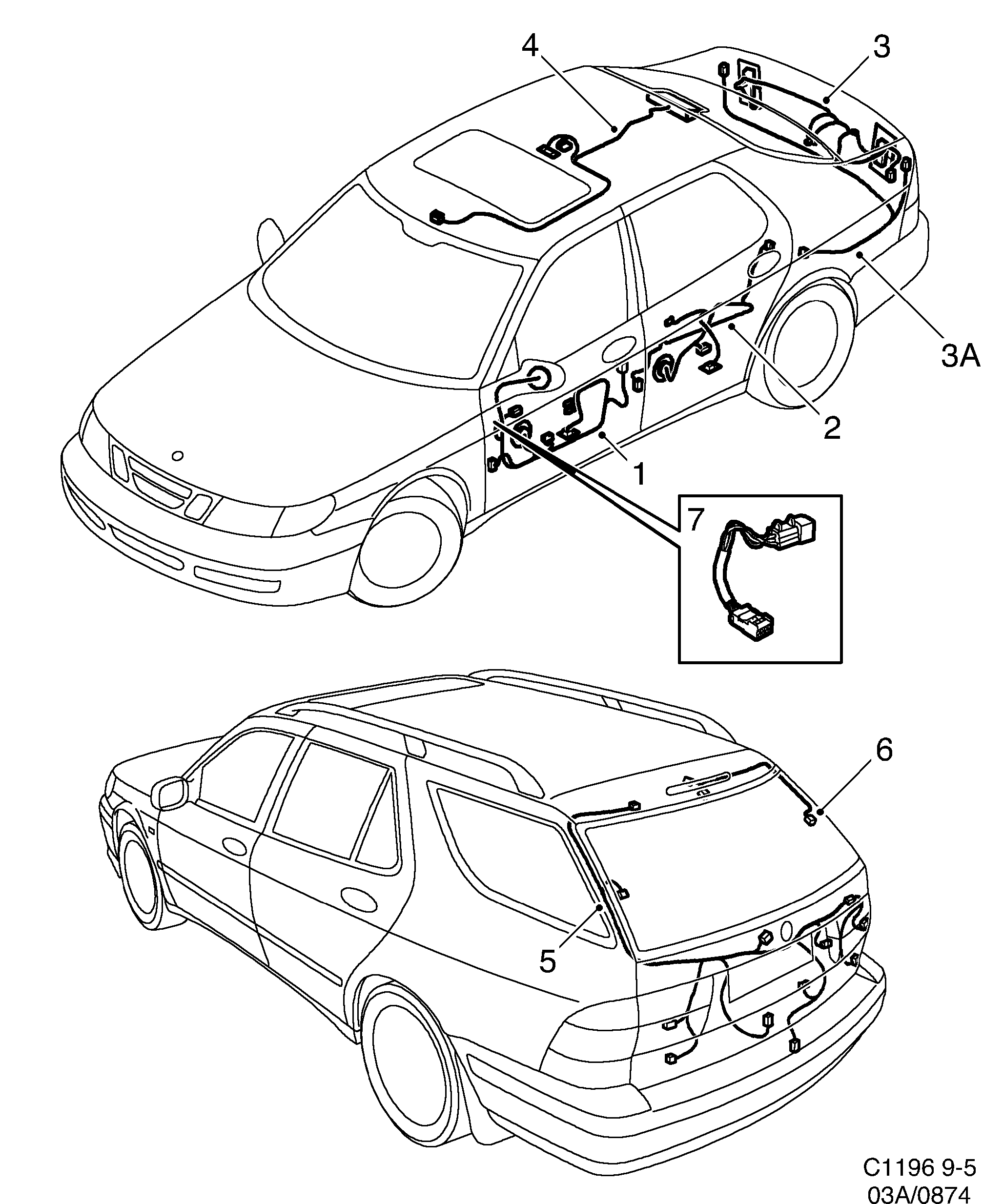 Saab 9-5 (9600) Doors, roof and rear hatch diagram