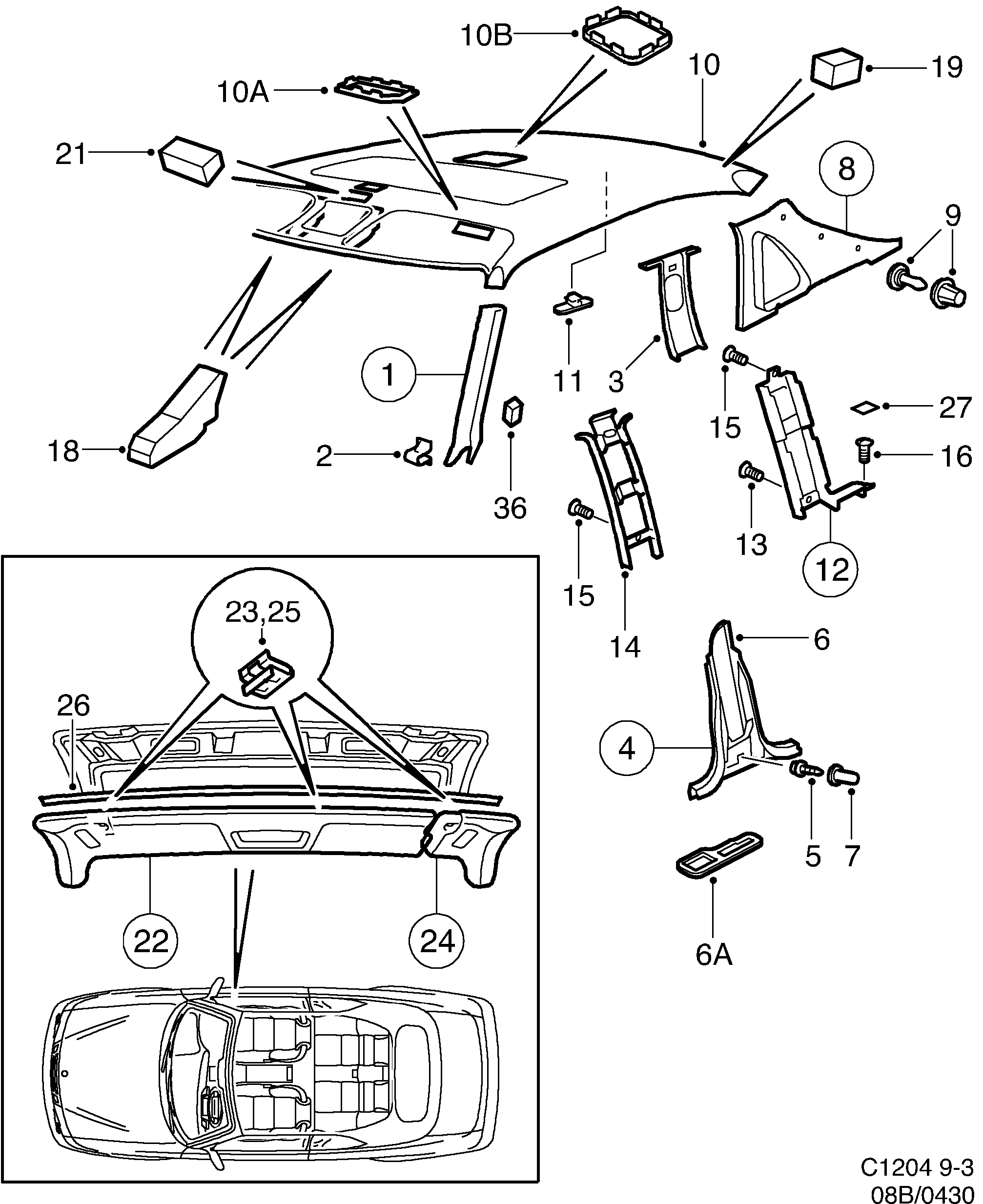 Saab 9-3 (9400) Head- and pillar lining diagram