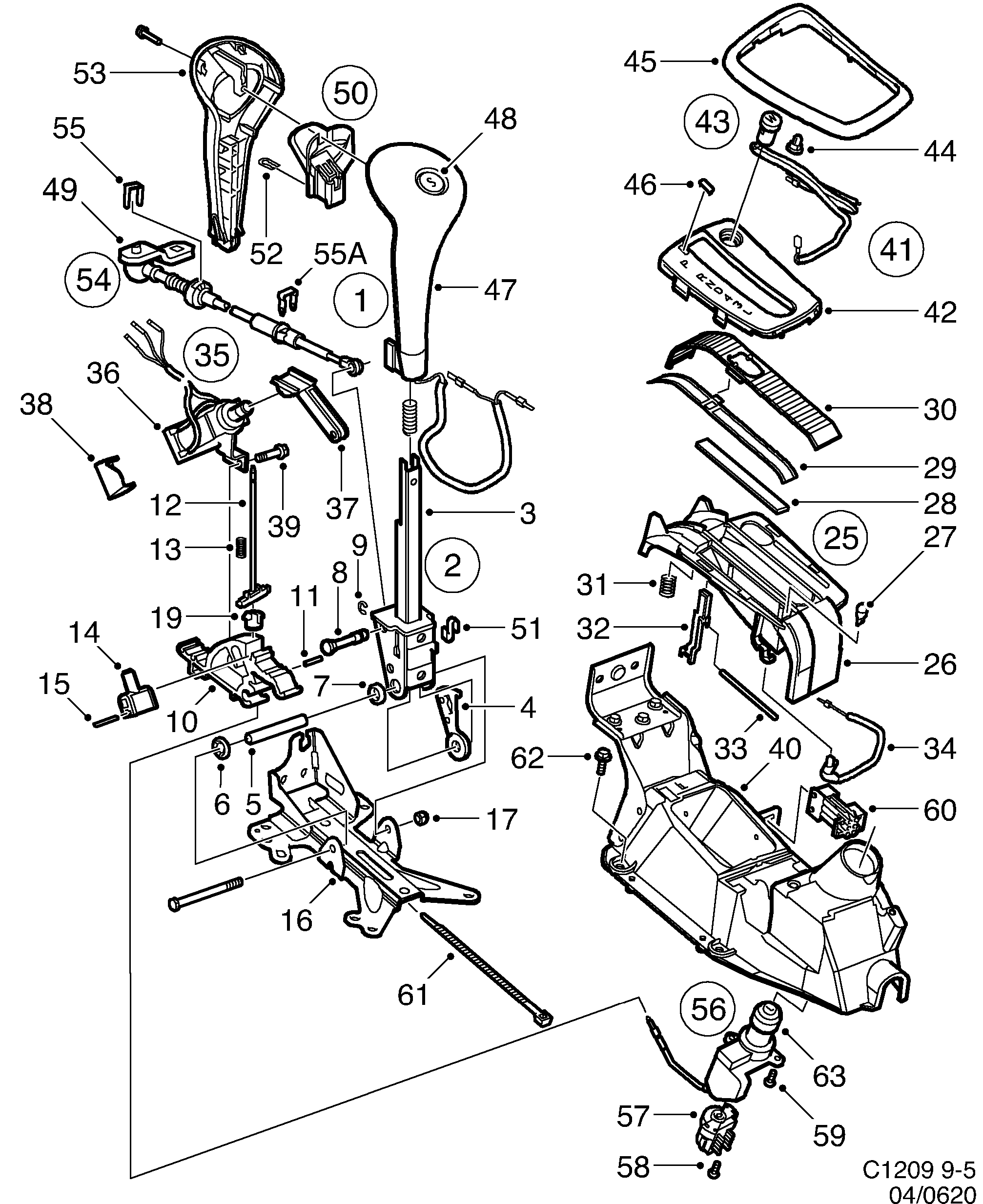 Saab 9-5 (9600) Gear selector lever diagram