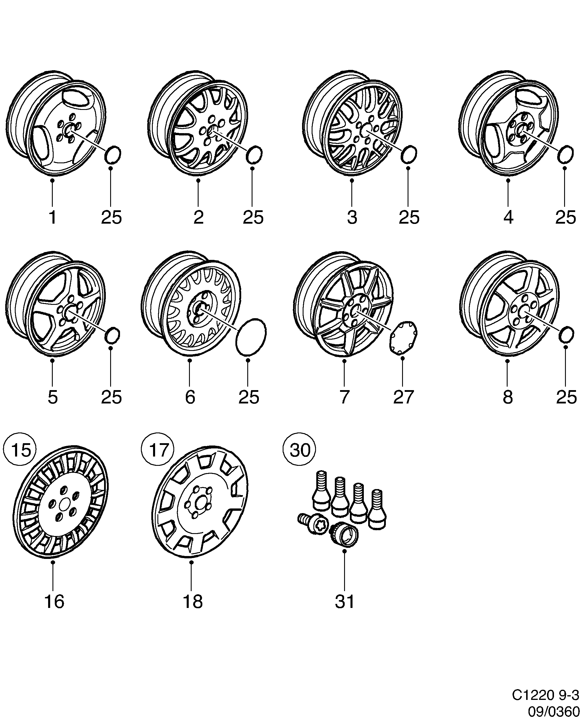 Saab 9-3 (9400) Wheel 15", Lockable wheel bolts diagram
