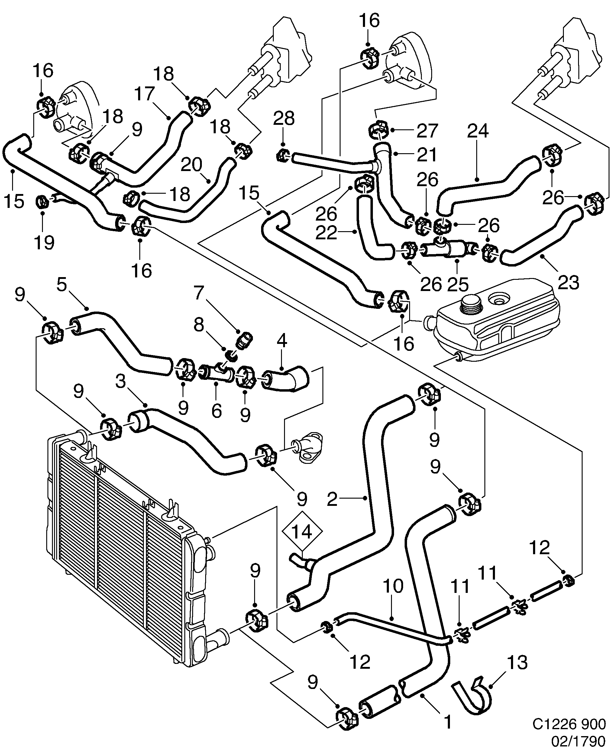 Saab 900 Water hoses, etc diagram