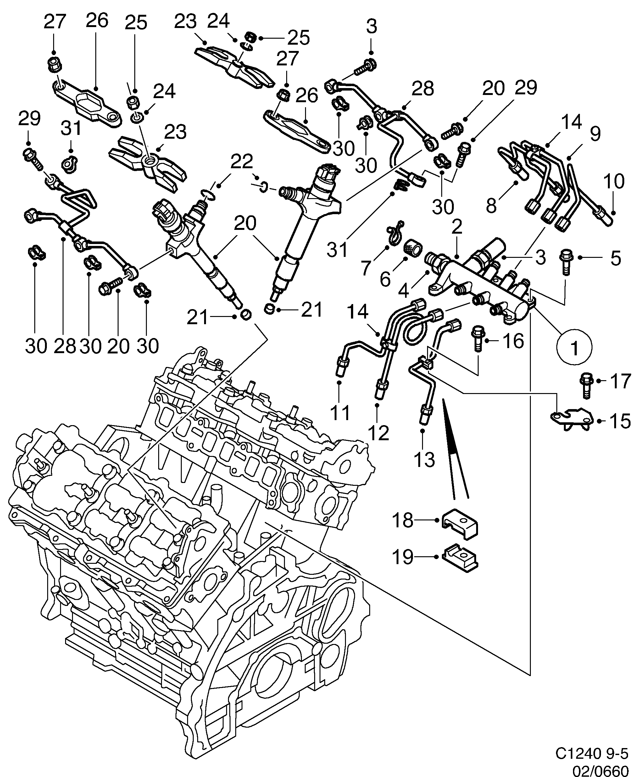 Saab 9-5 (9600) Fuel rail Injection valve diagram