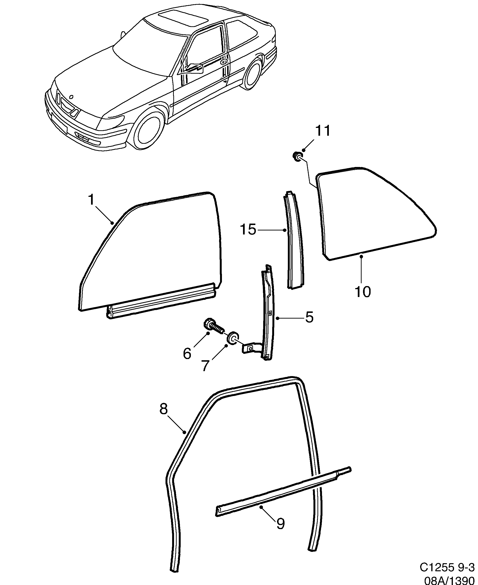 Saab 9-3 (9400) Doors and side windows diagram