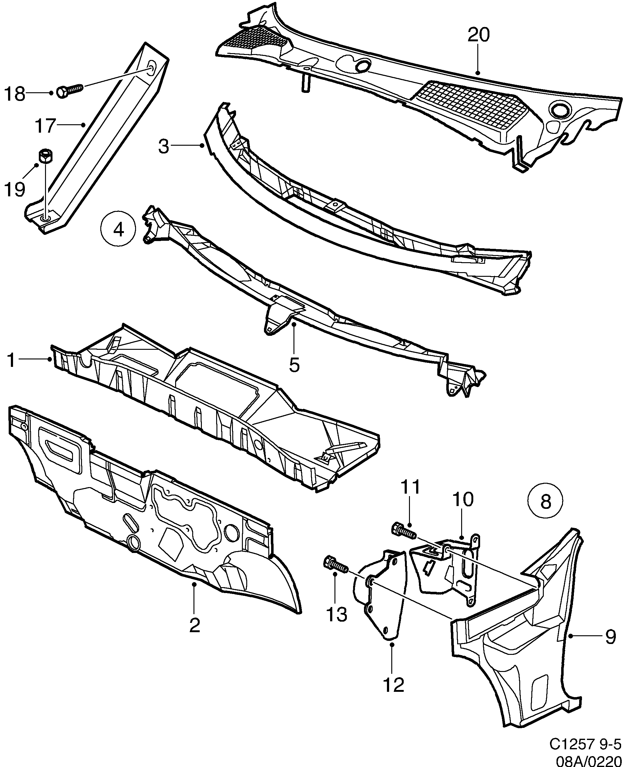 Saab 9-5 (9600) Cowl plate diagram