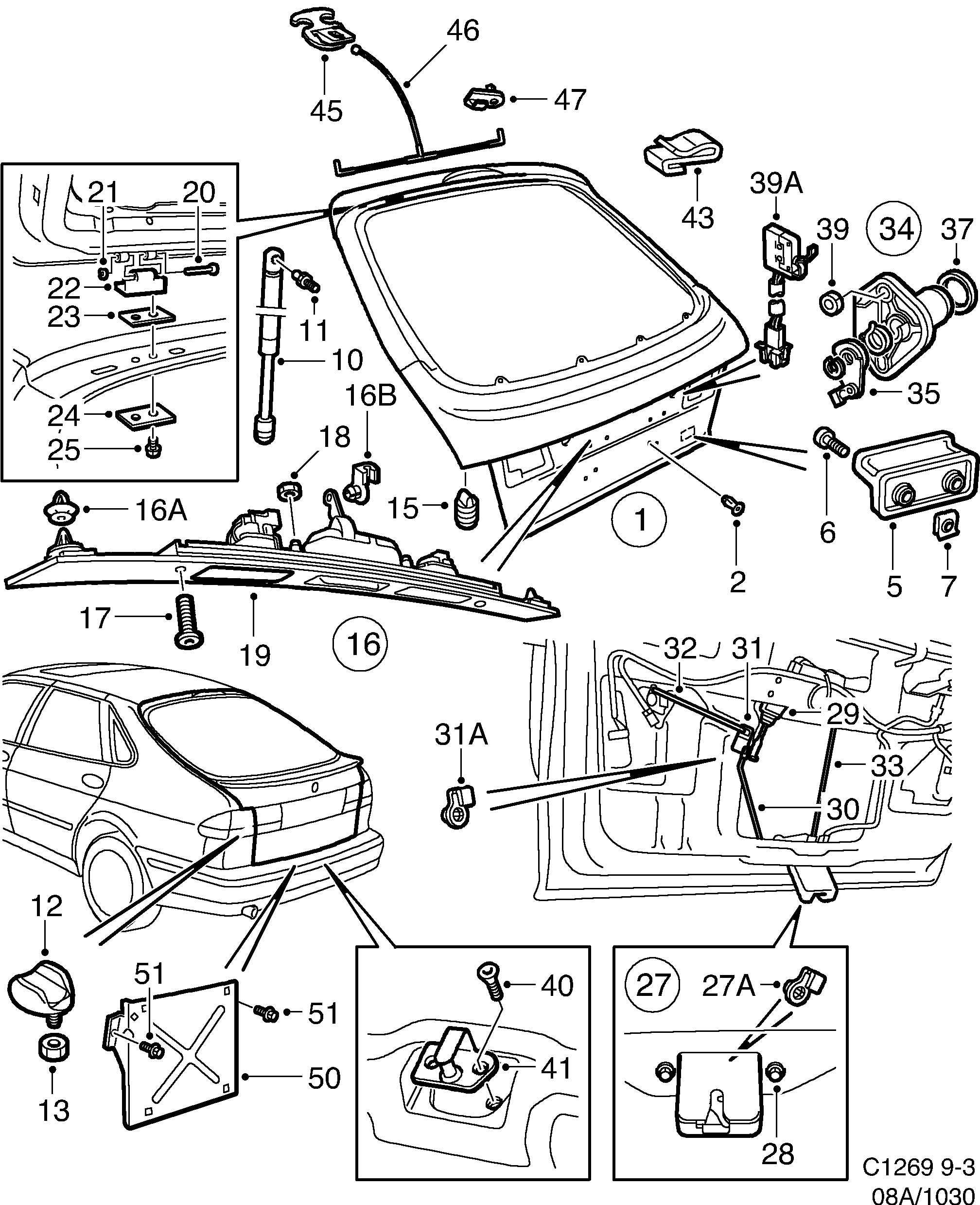 Saab 9-3 (9400) Tail gate lock diagram