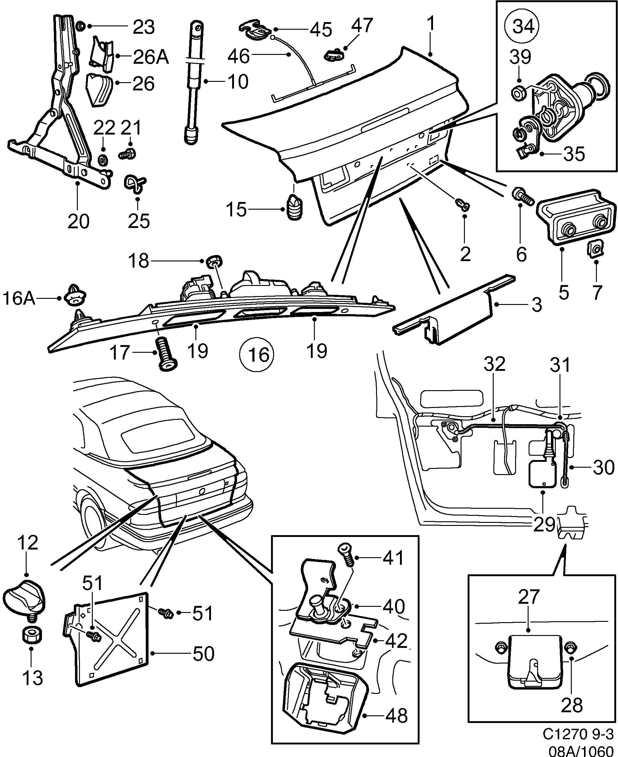 Saab 9-3 (9400) Trunk lid lock diagram