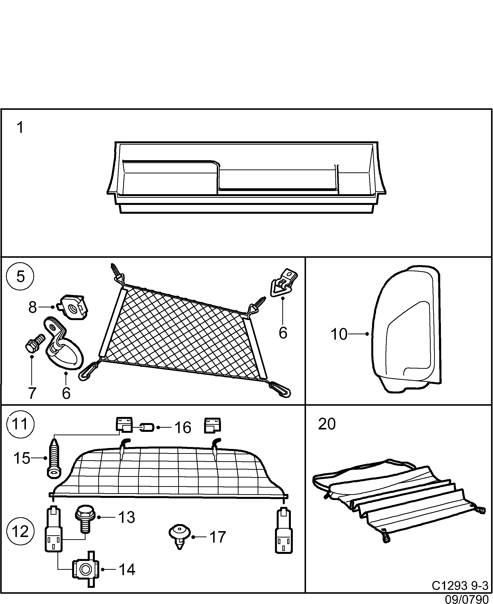 Saab 9-3 (9400) Luggage compartment Cargo guard diagram