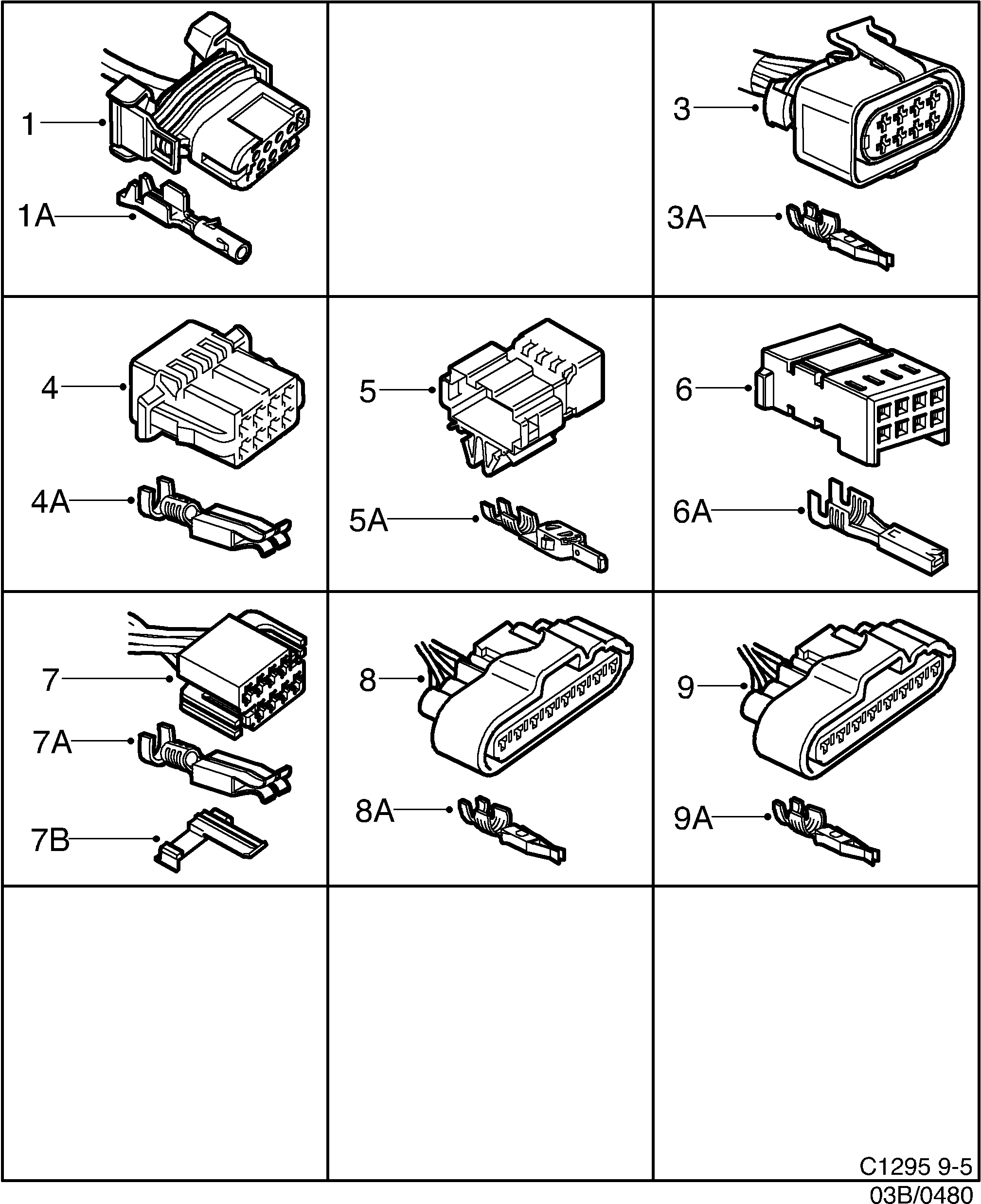 Saab 9-5 (9600) Connector housing etc 7-pin - 8-pin diagram