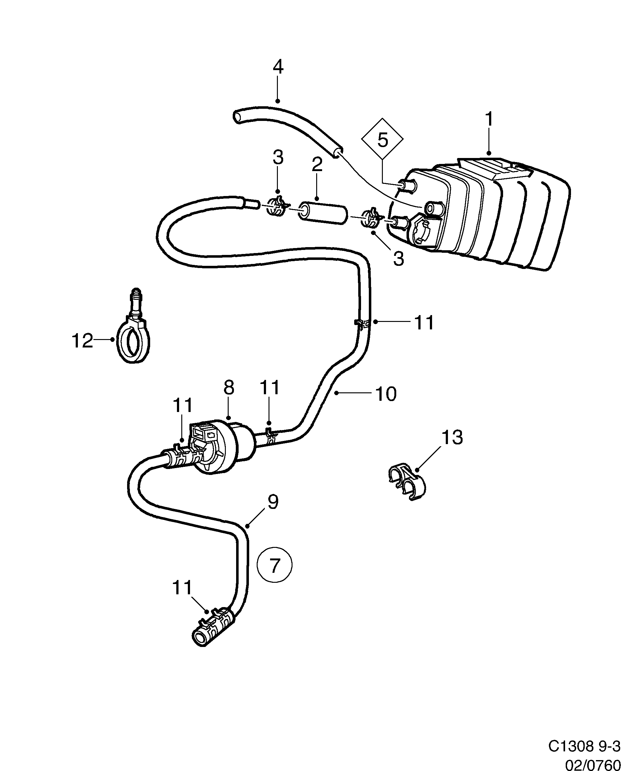Saab 9-3 (9400) ELCD Carbon filter, front diagram