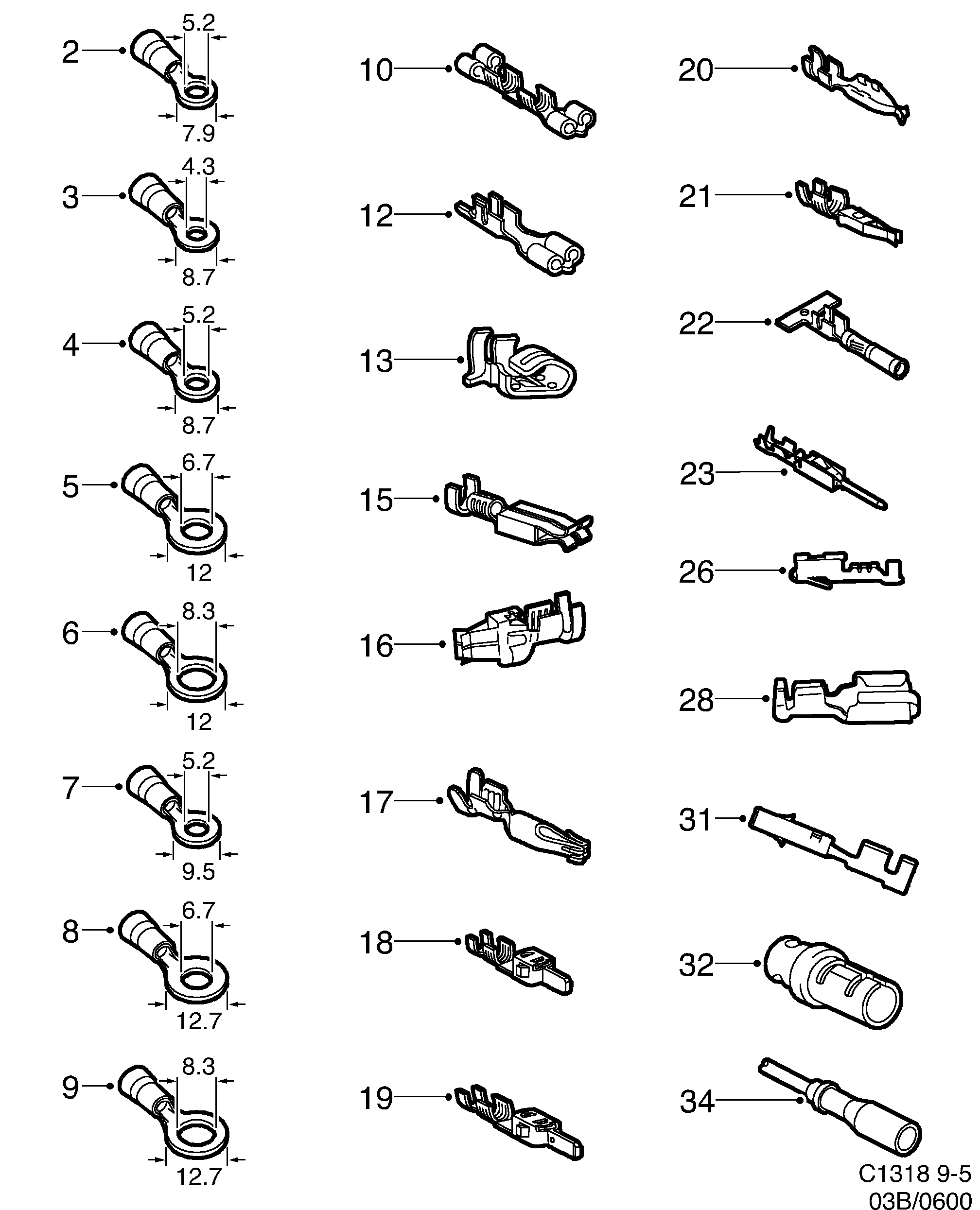 Saab 9-5 (9600) Cable terminal diagram