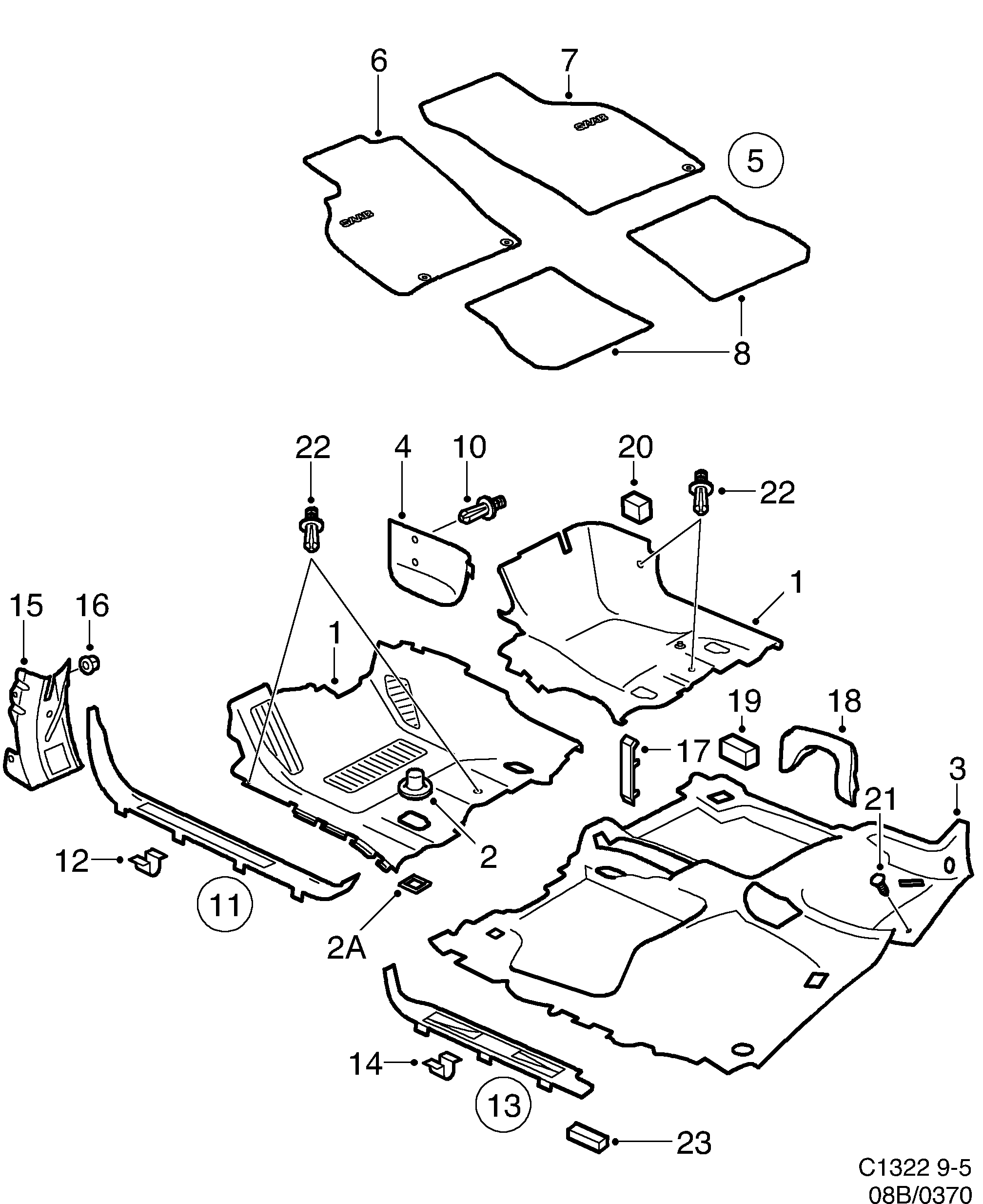 Saab 9-5 (9600) Carpet Sill protection diagram