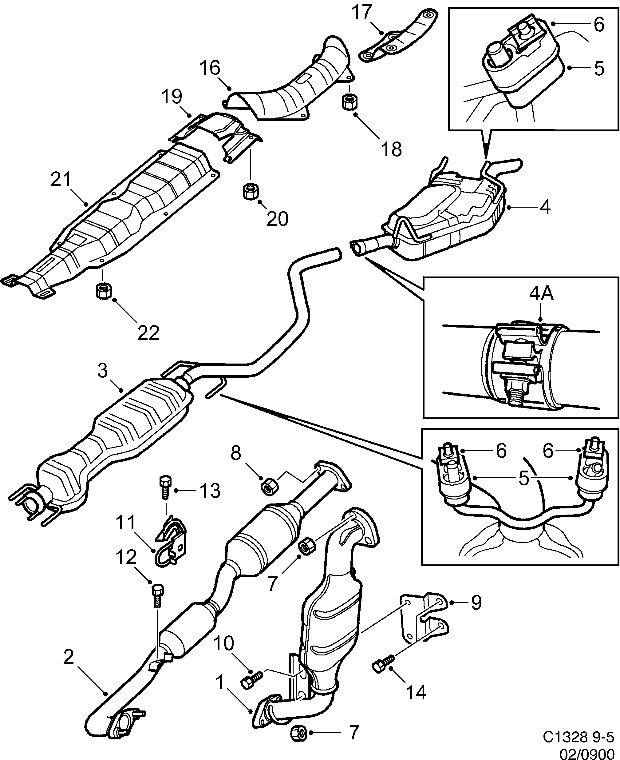 Saab 9-5 (9600) Exhaust system diagram