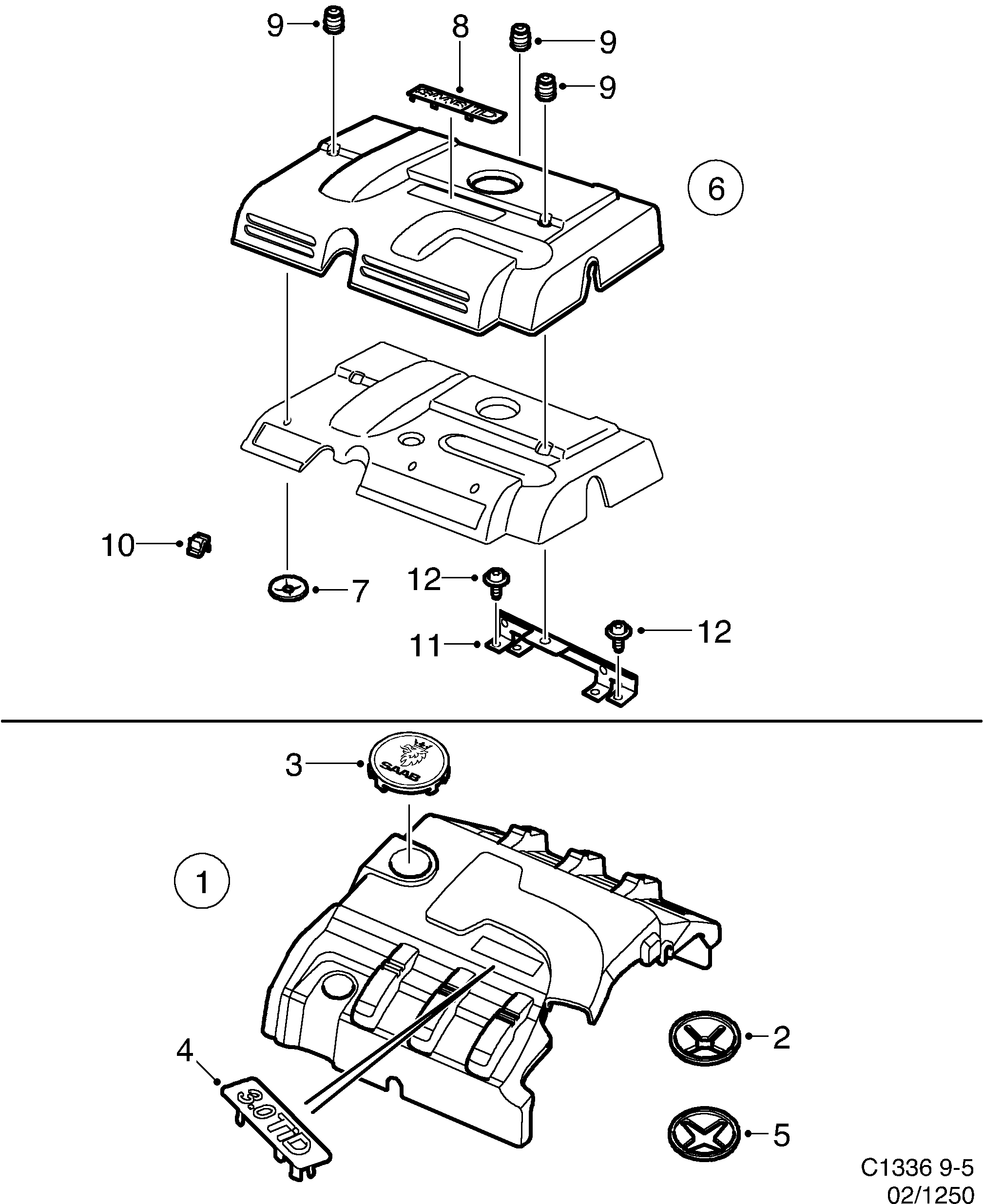 Saab 9-5 (9600) Engine bay cover diagram