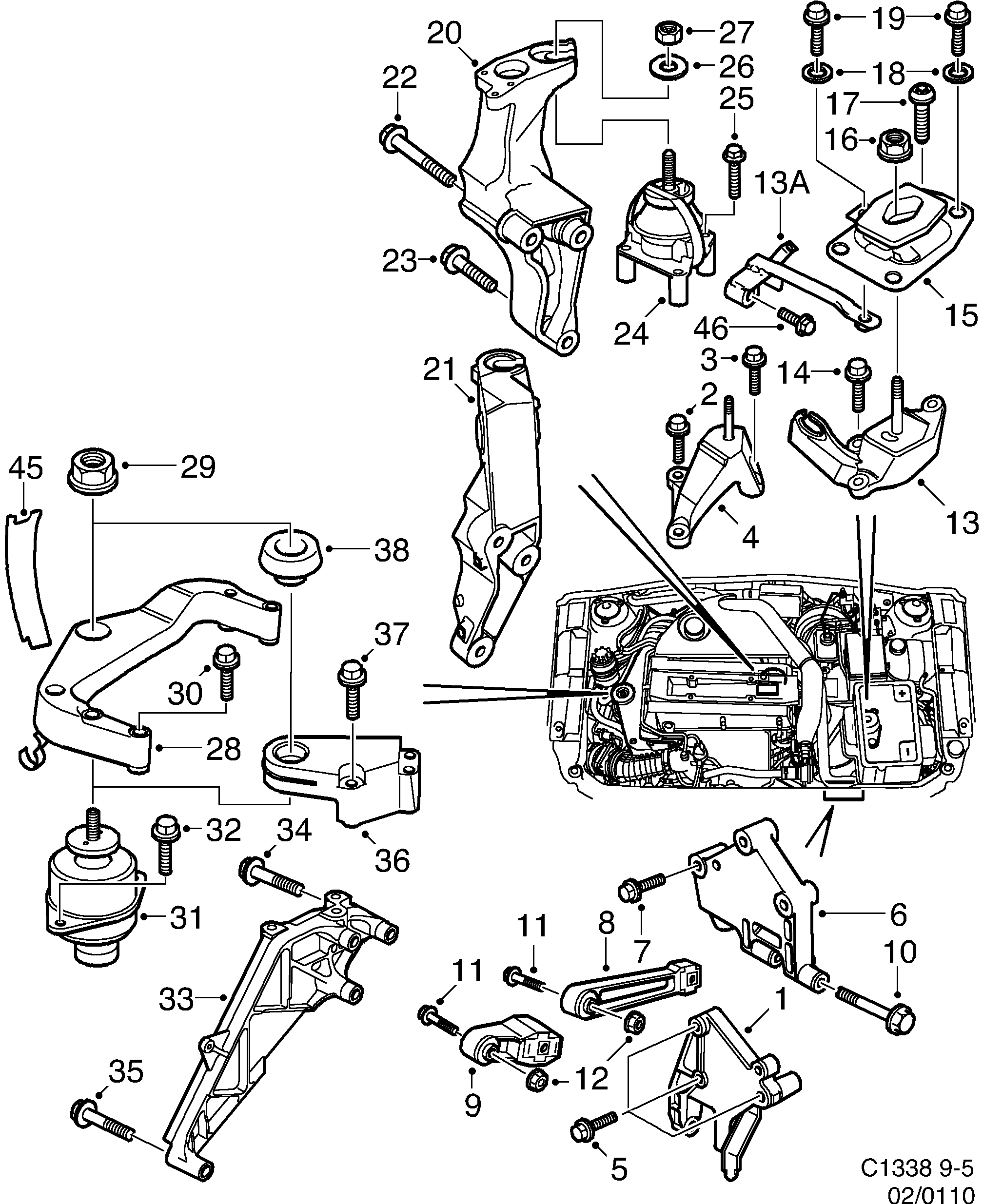 Saab 9-5 (9600) Engine suspension diagram