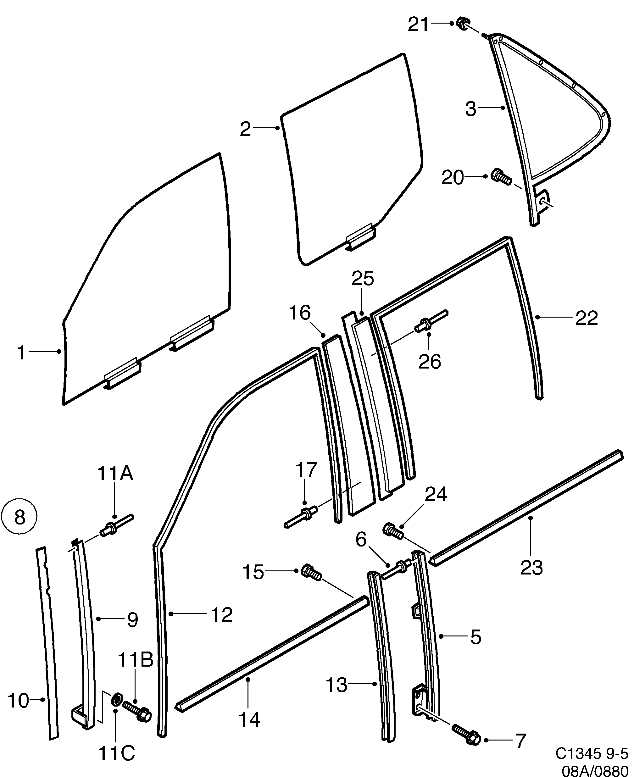 Saab 9-5 (9600) Door window diagram