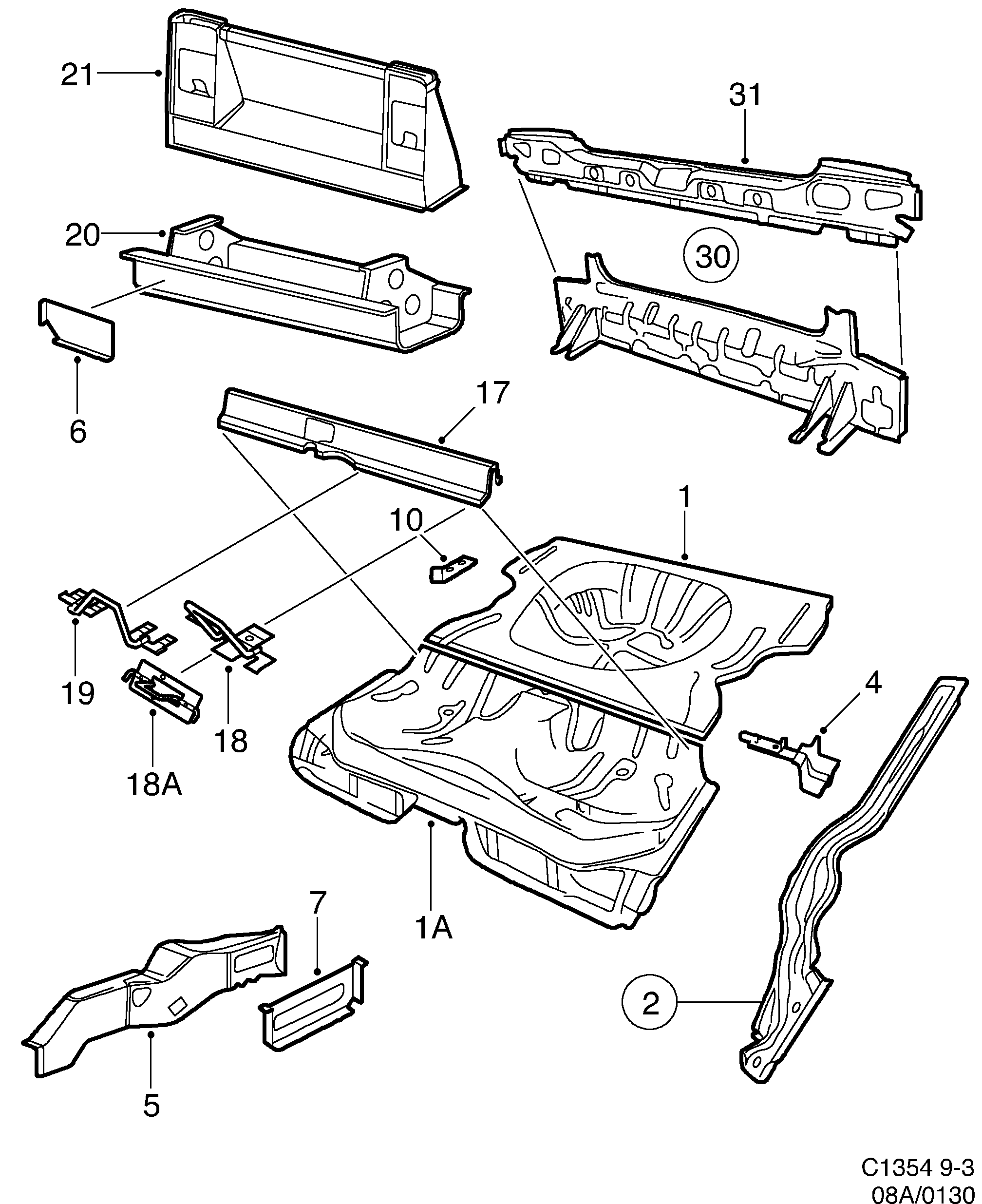 Saab 9-3 (9400) Rear floor diagram