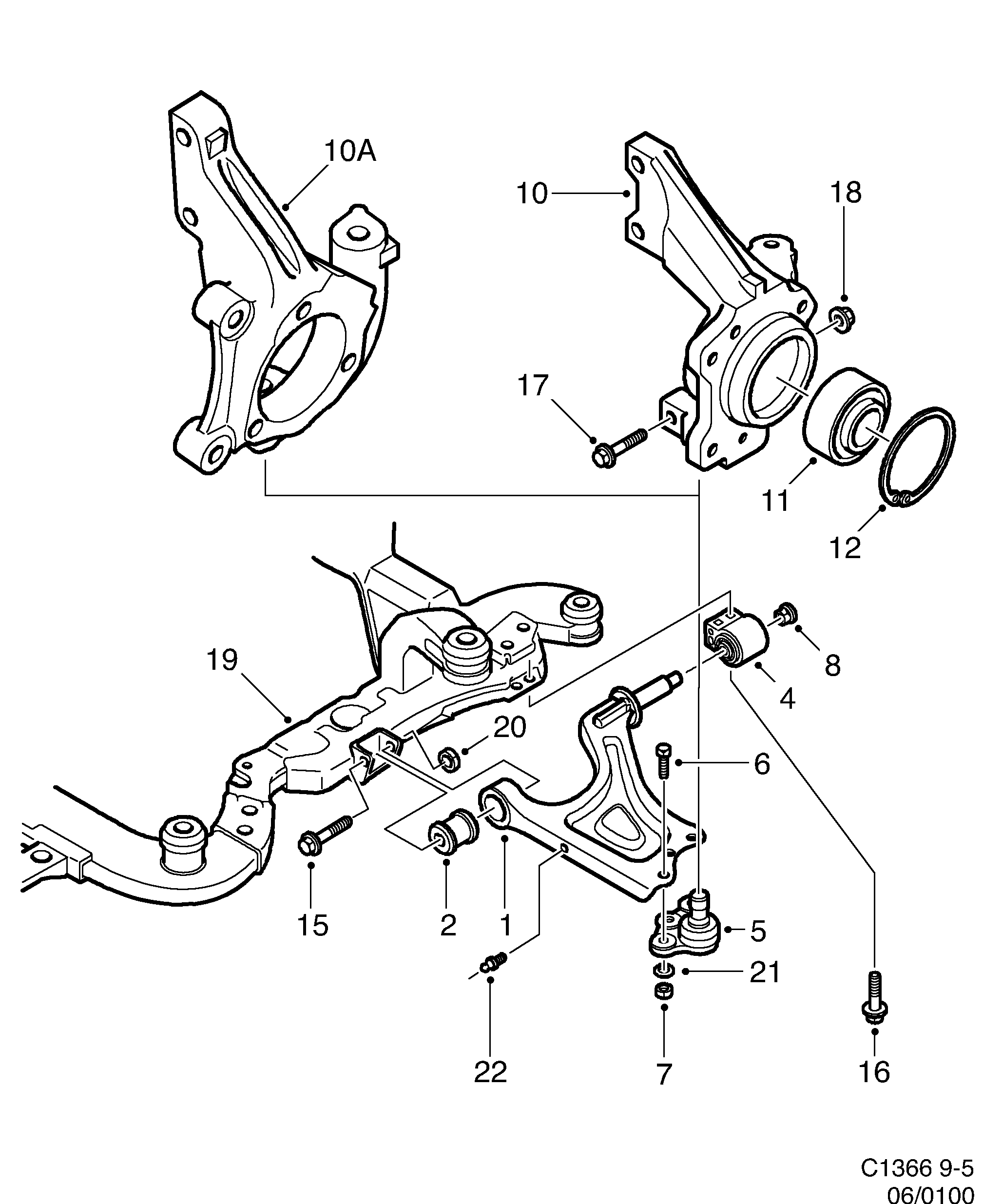 Saab 9-5 (9600) Front wheel suspension diagram