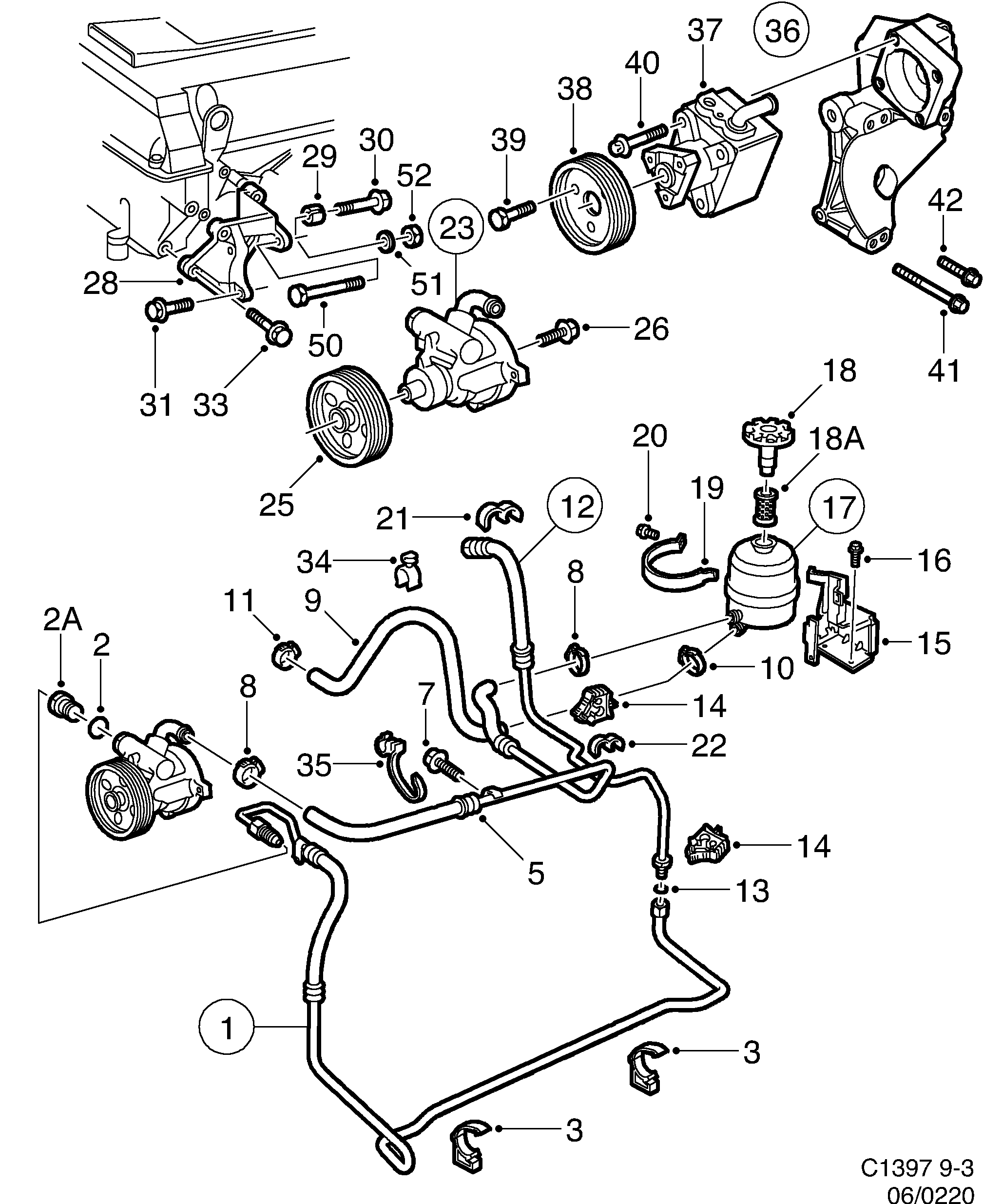 Saab 9-3 (9400) Pump, hydraulic oil hoses diagram