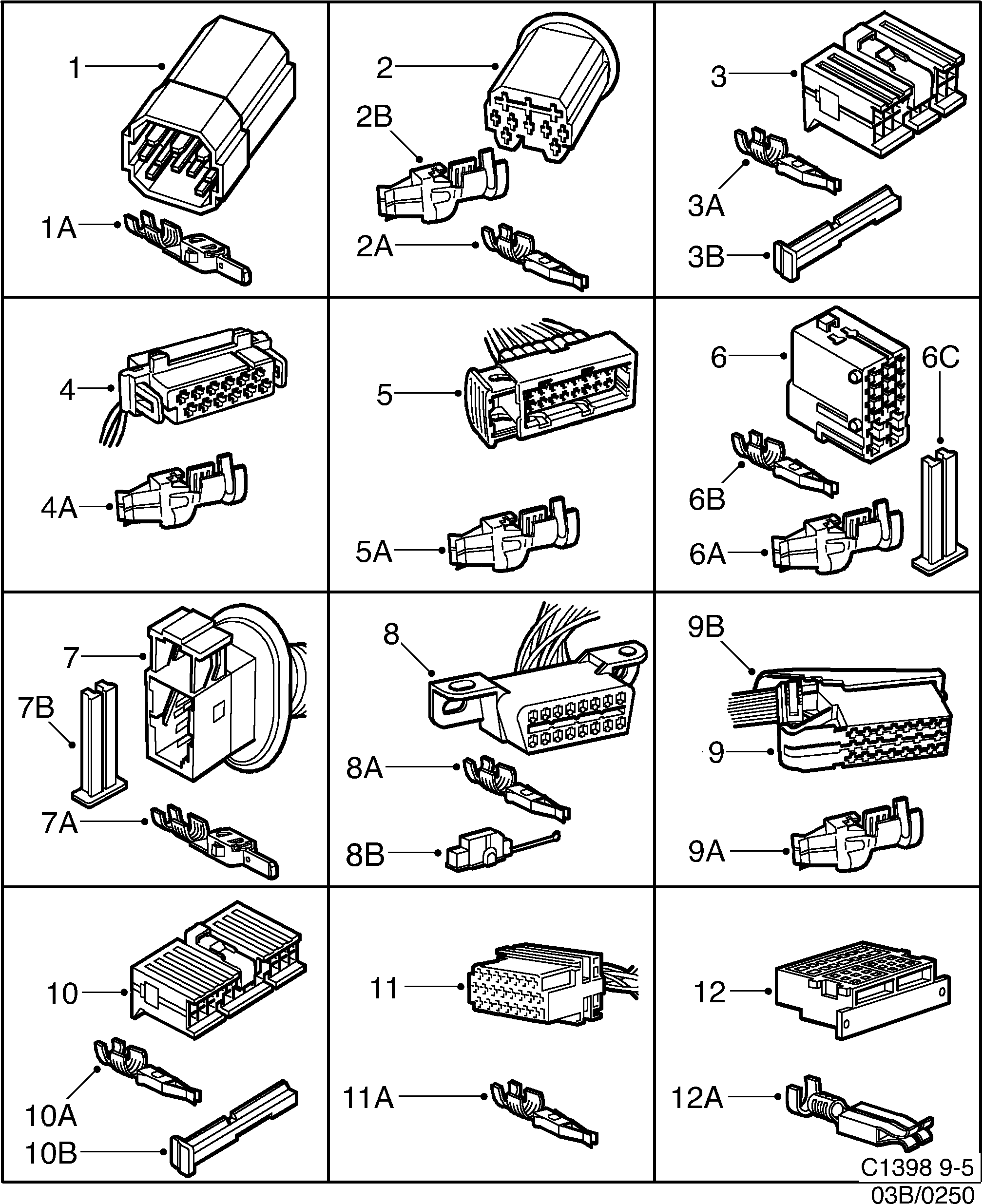 Saab 9-3 (9400) Connector housing etc 10-pin-26-pin diagram