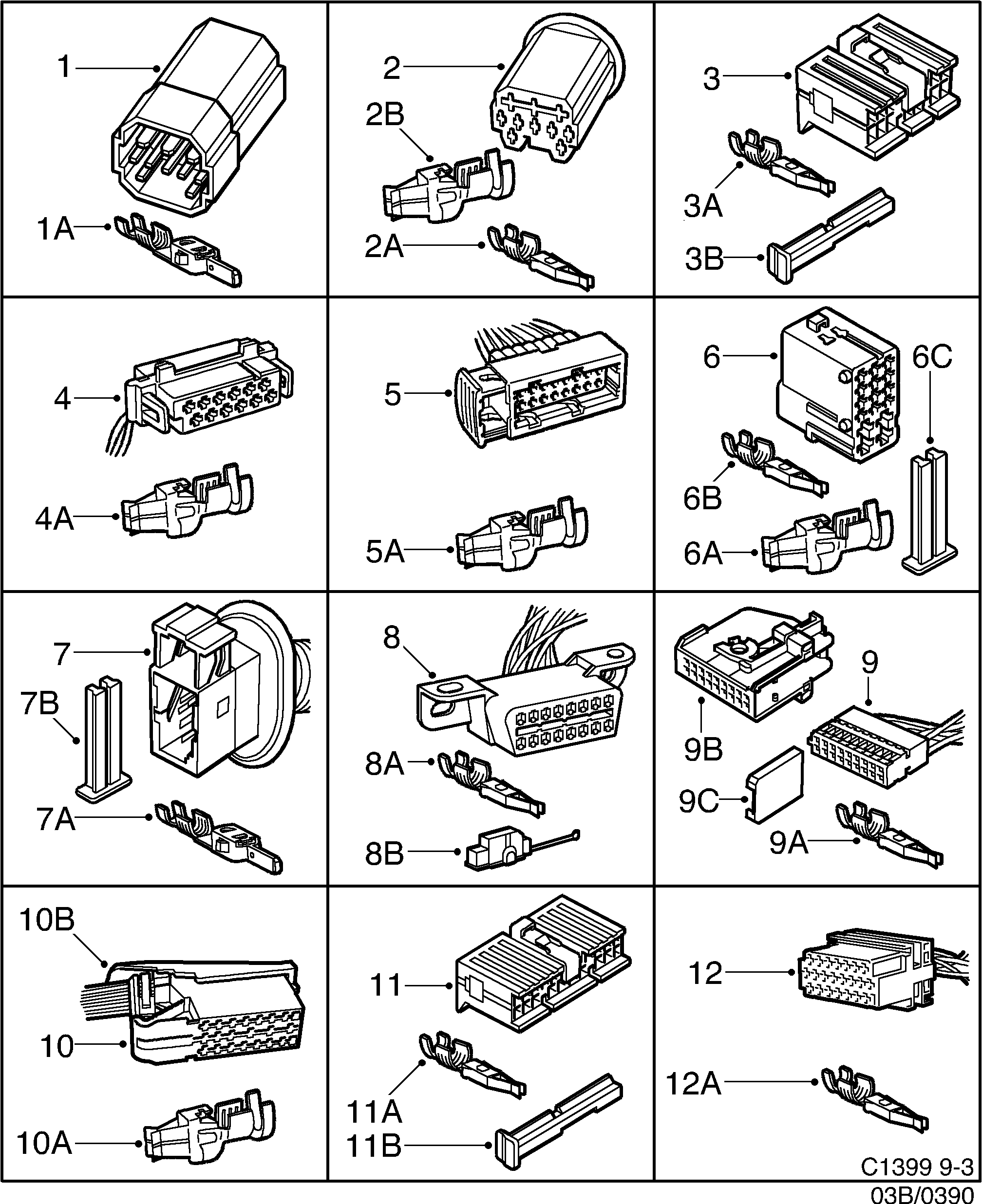 Saab 9-3 (9400) Connector housing etc 10-pin-22-pin diagram