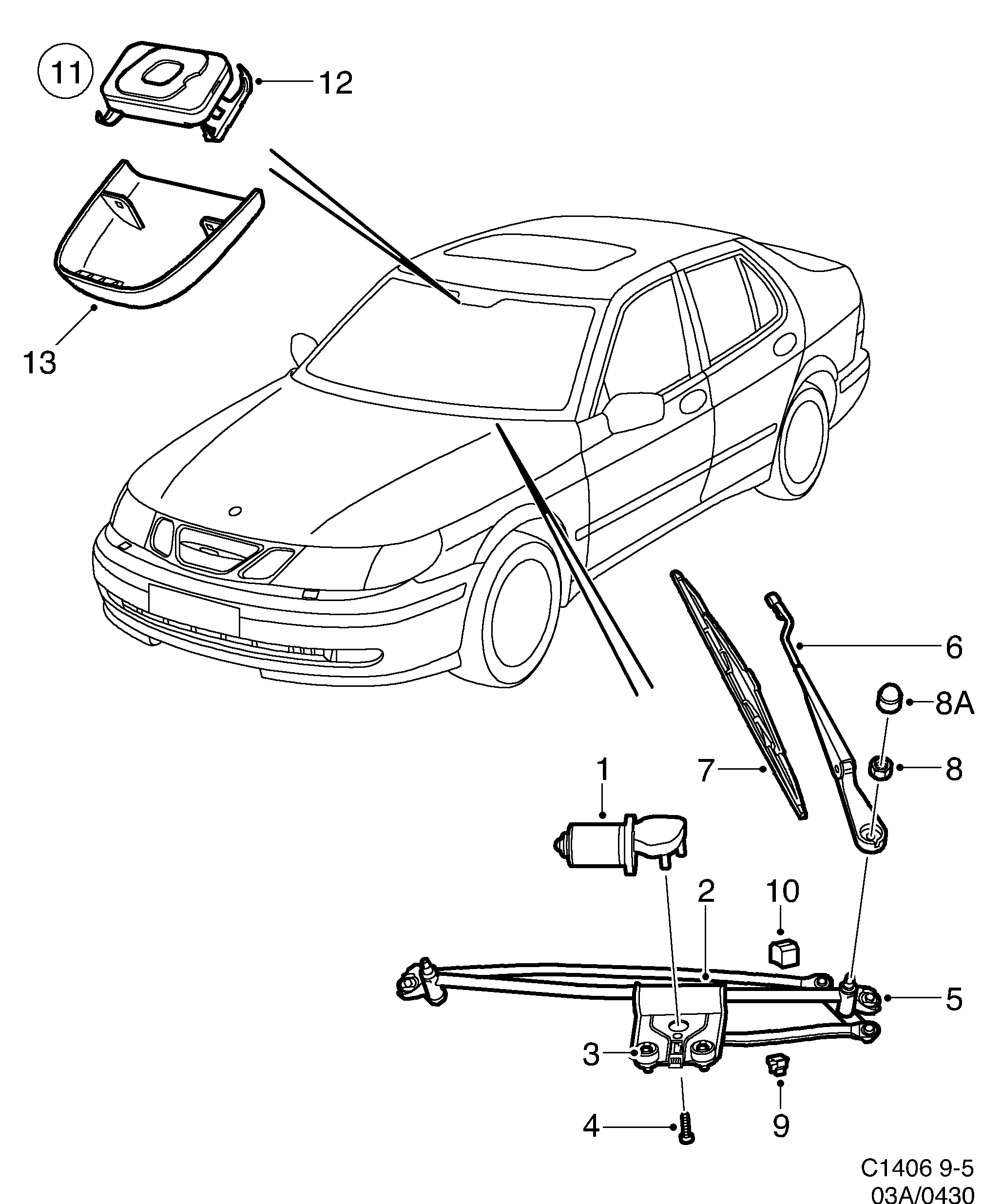 Saab 9-5 (9600) Windshield wiper diagram