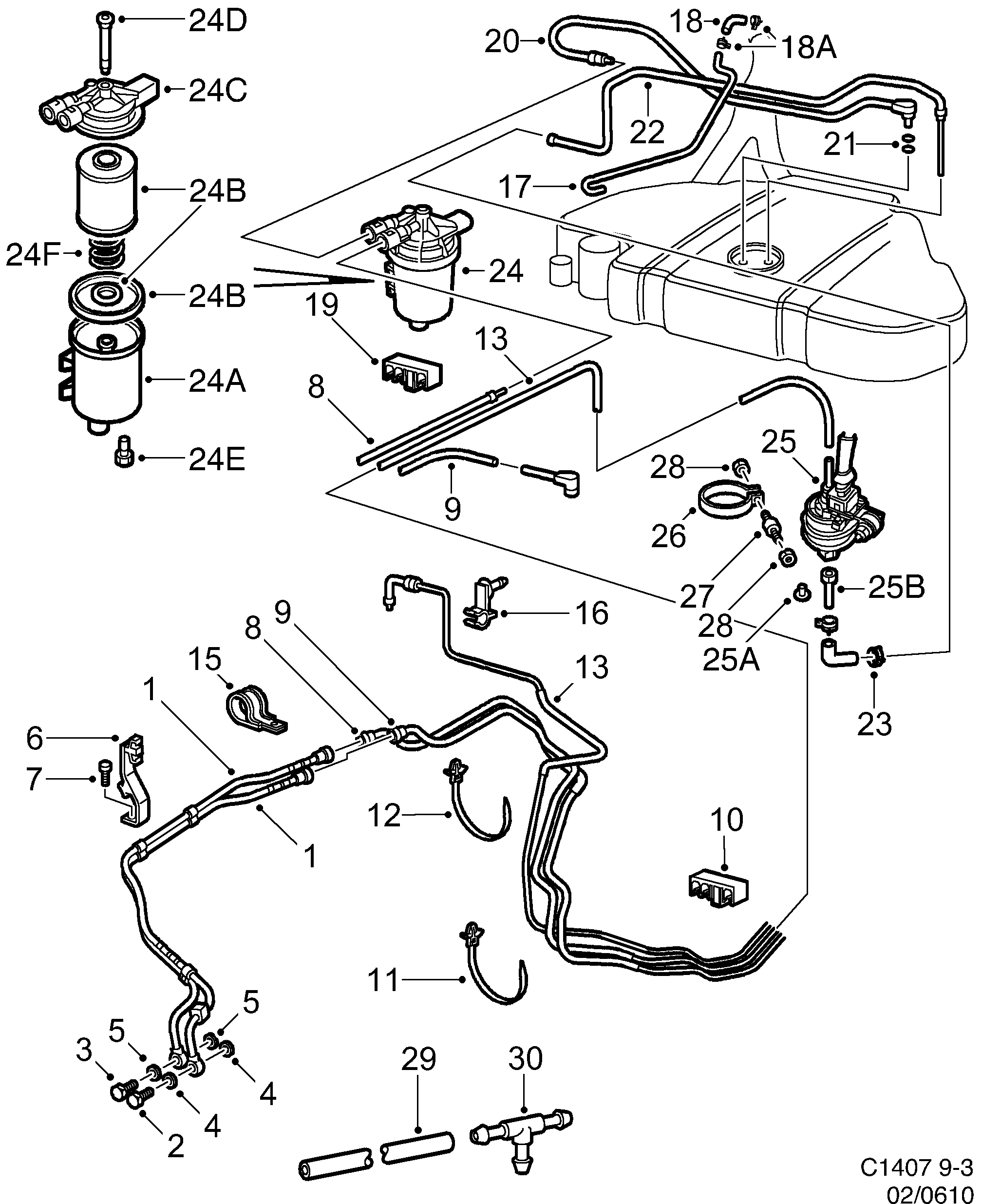 Saab 9-3 (9400) Fuel pipe Fuel filter diagram