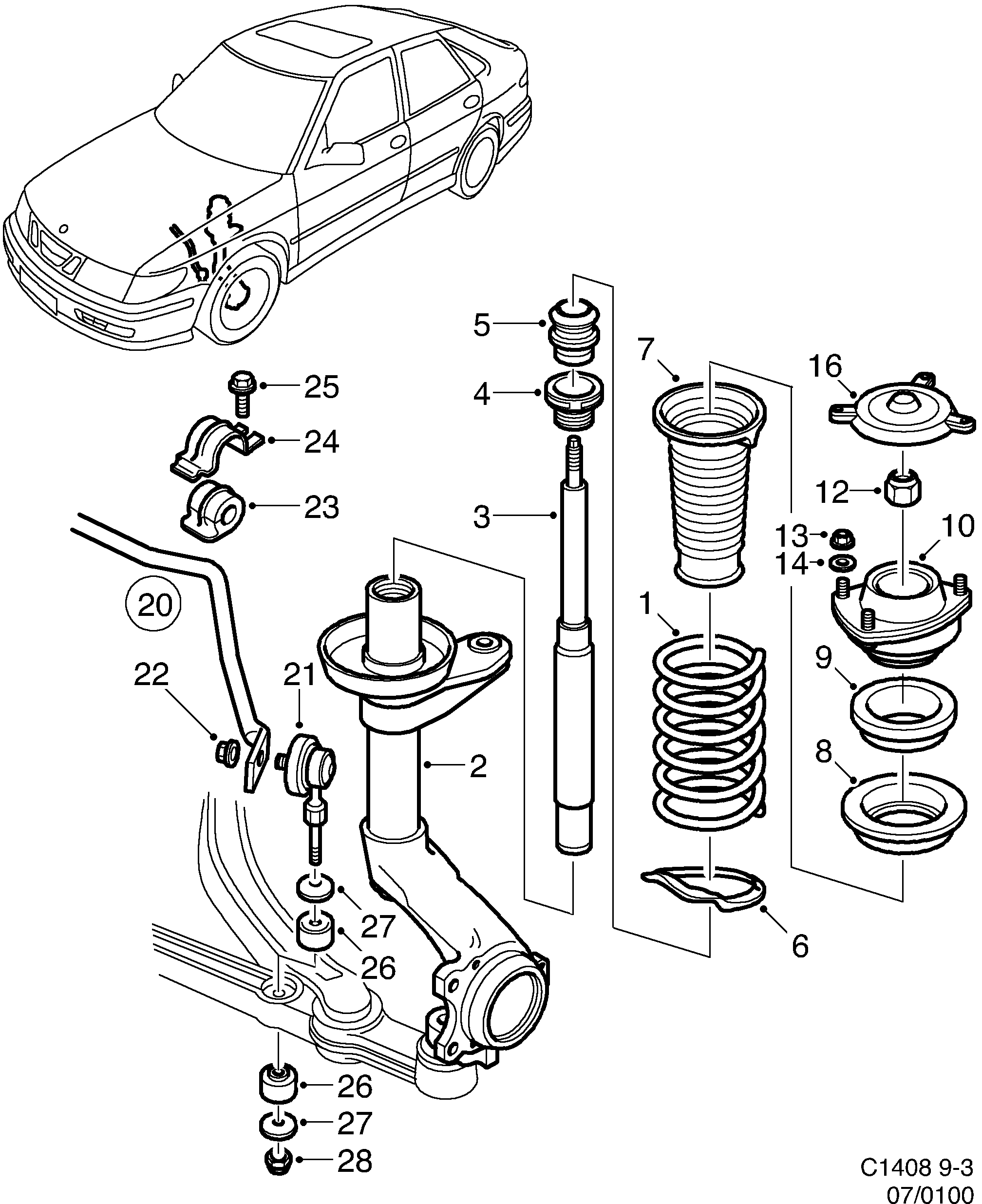 Saab 9-3 (9400) Front suspension diagram