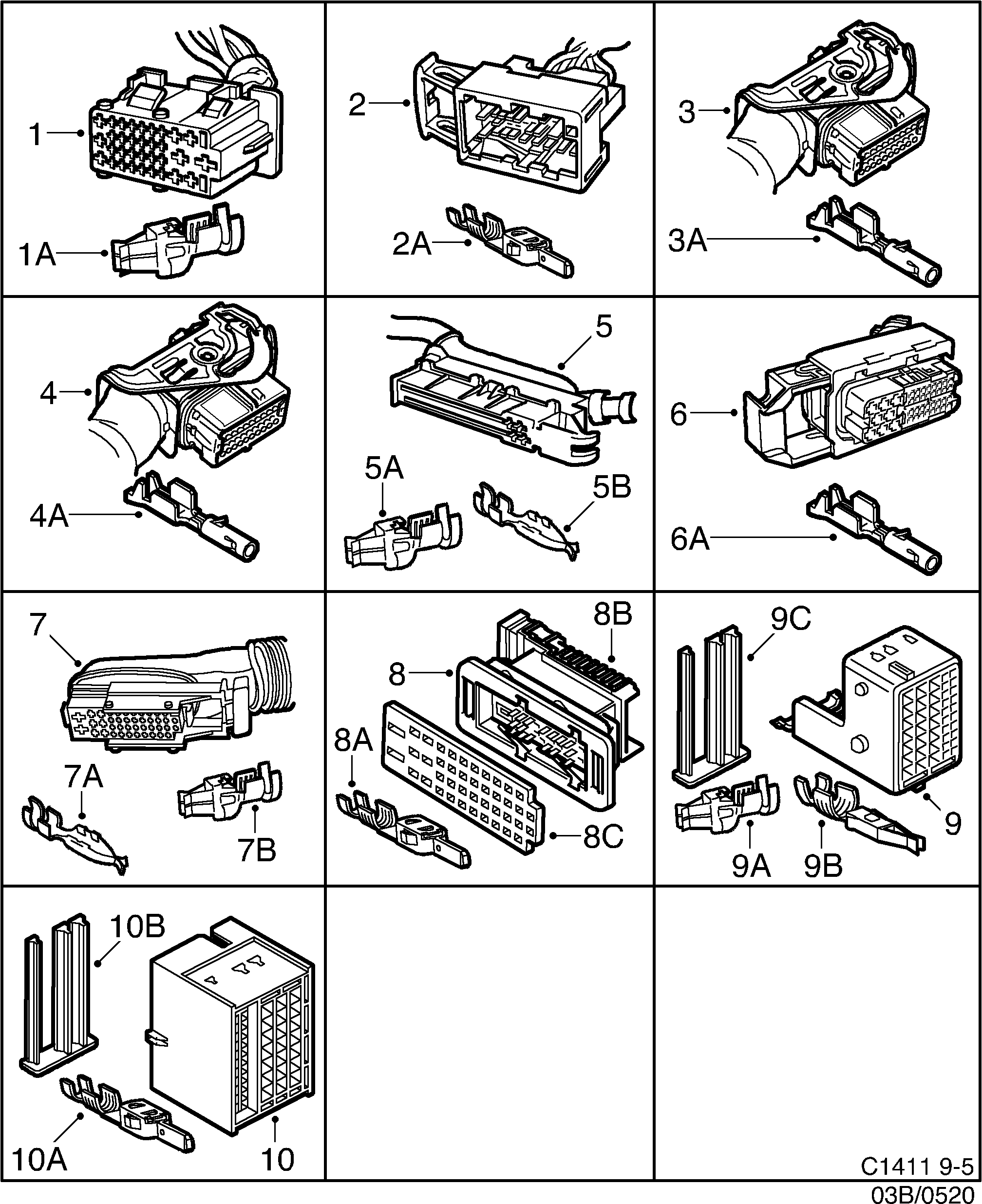 Saab 9-5 (9600) Connector housing etc 33-pin - 43-pin diagram