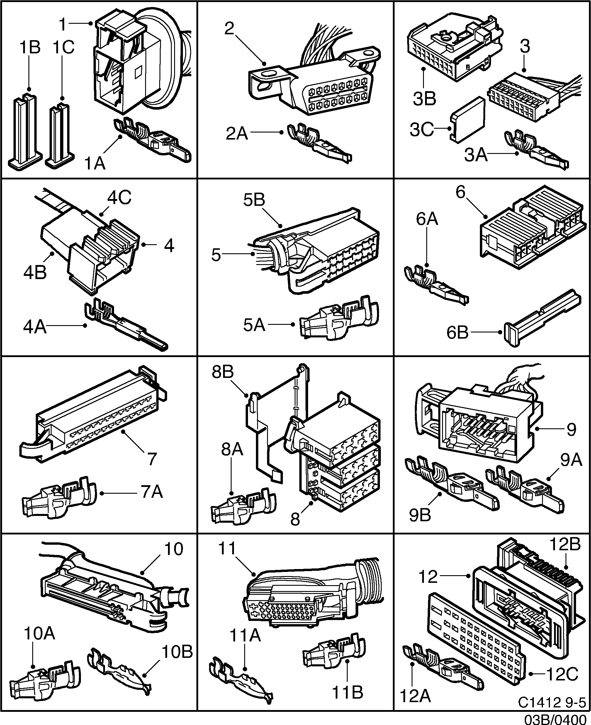 Saab 9-5 (9600) Connector housing etc 16-pin-42-pin diagram