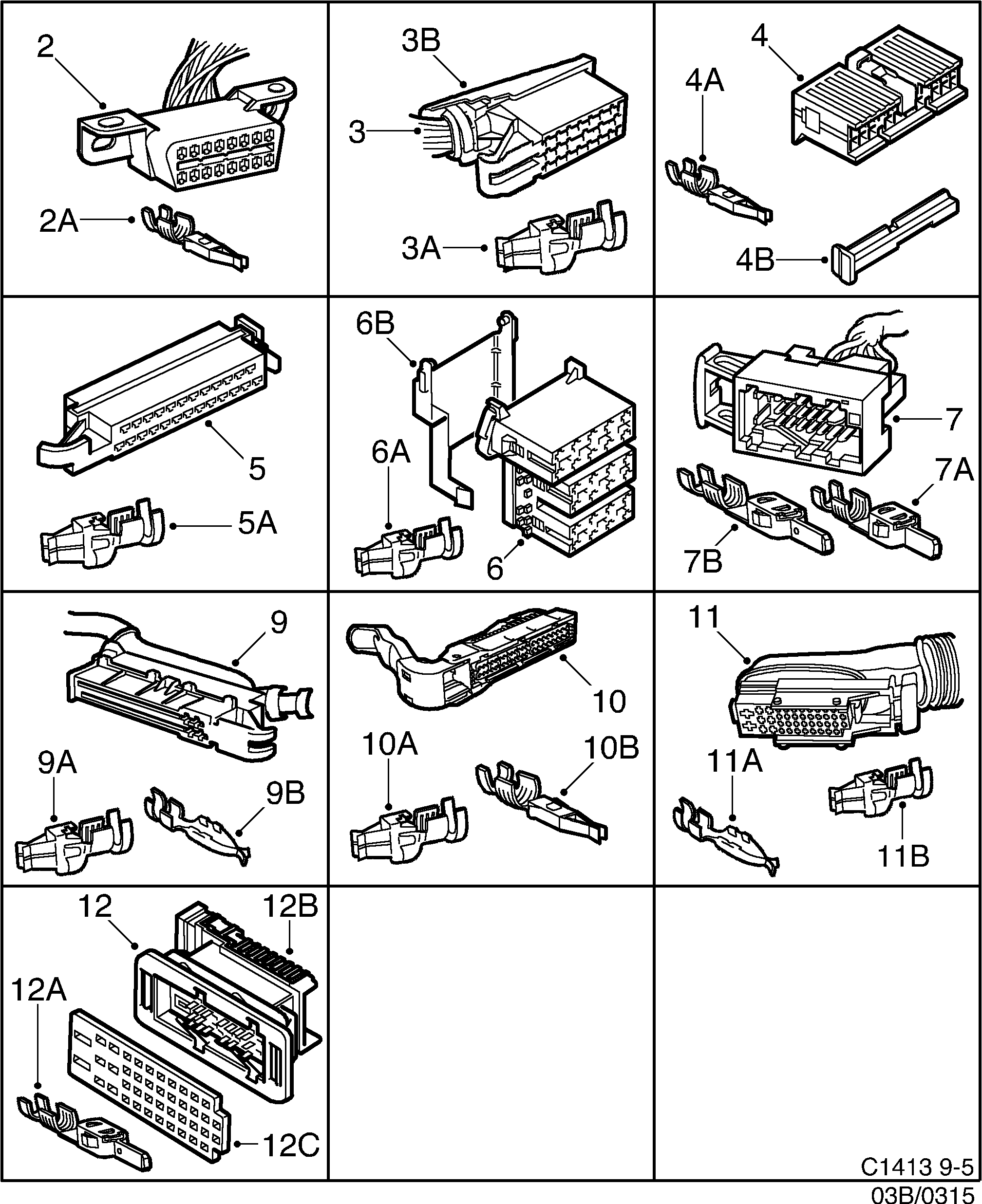 Saab 9-5 (9600) Connector housing etc 16-pin-42-pin diagram