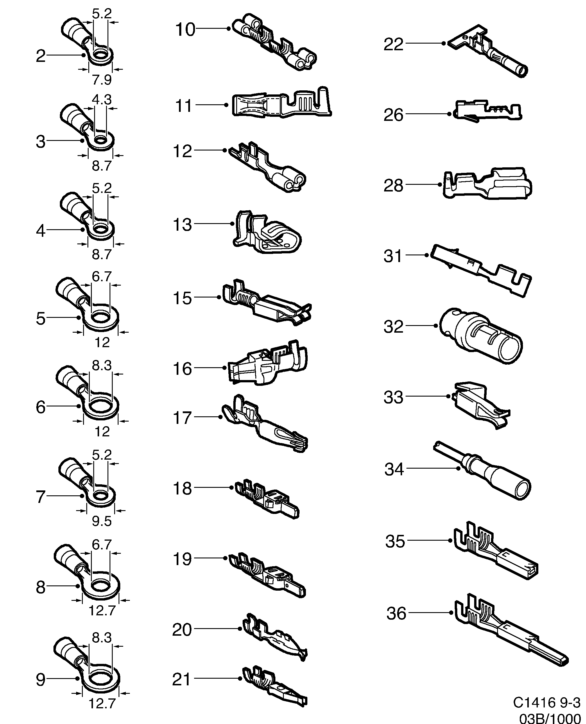 Saab 9-3 (9400) Cable terminal diagram