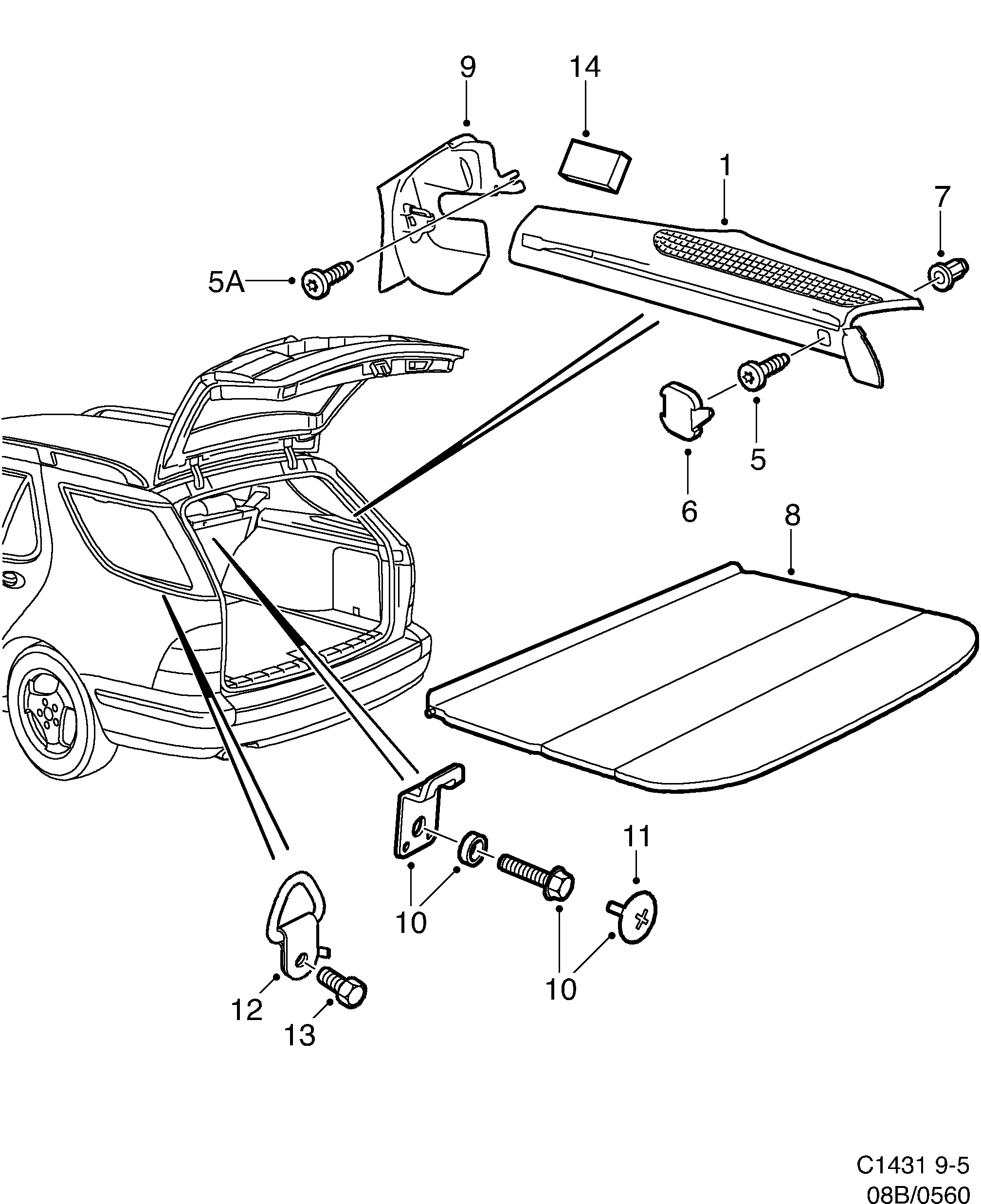 Saab 9-5 (9600) Parcel shelf diagram