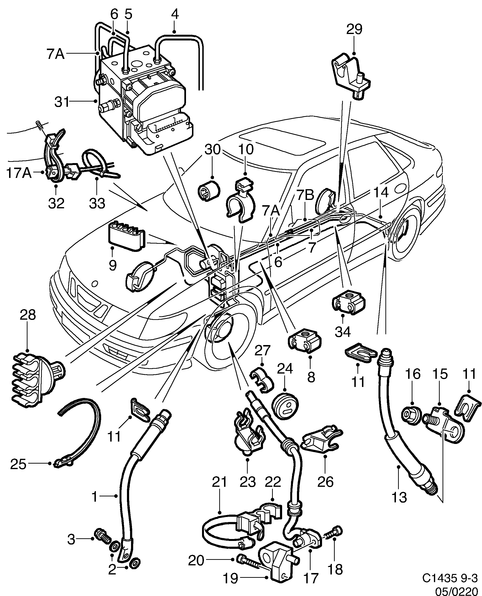 Saab 9-3 (9400) Brake lines ABS diagram