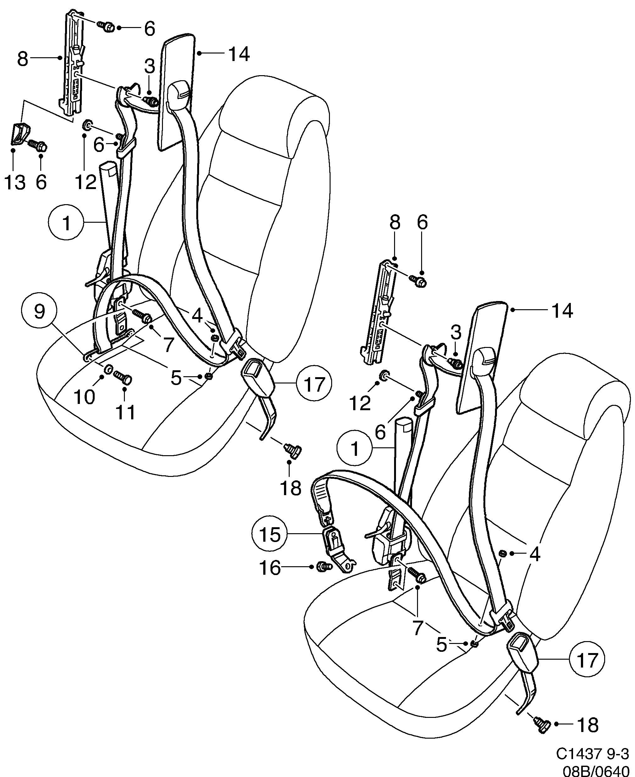Saab 9-3 (9400) Safety belt, front seat diagram