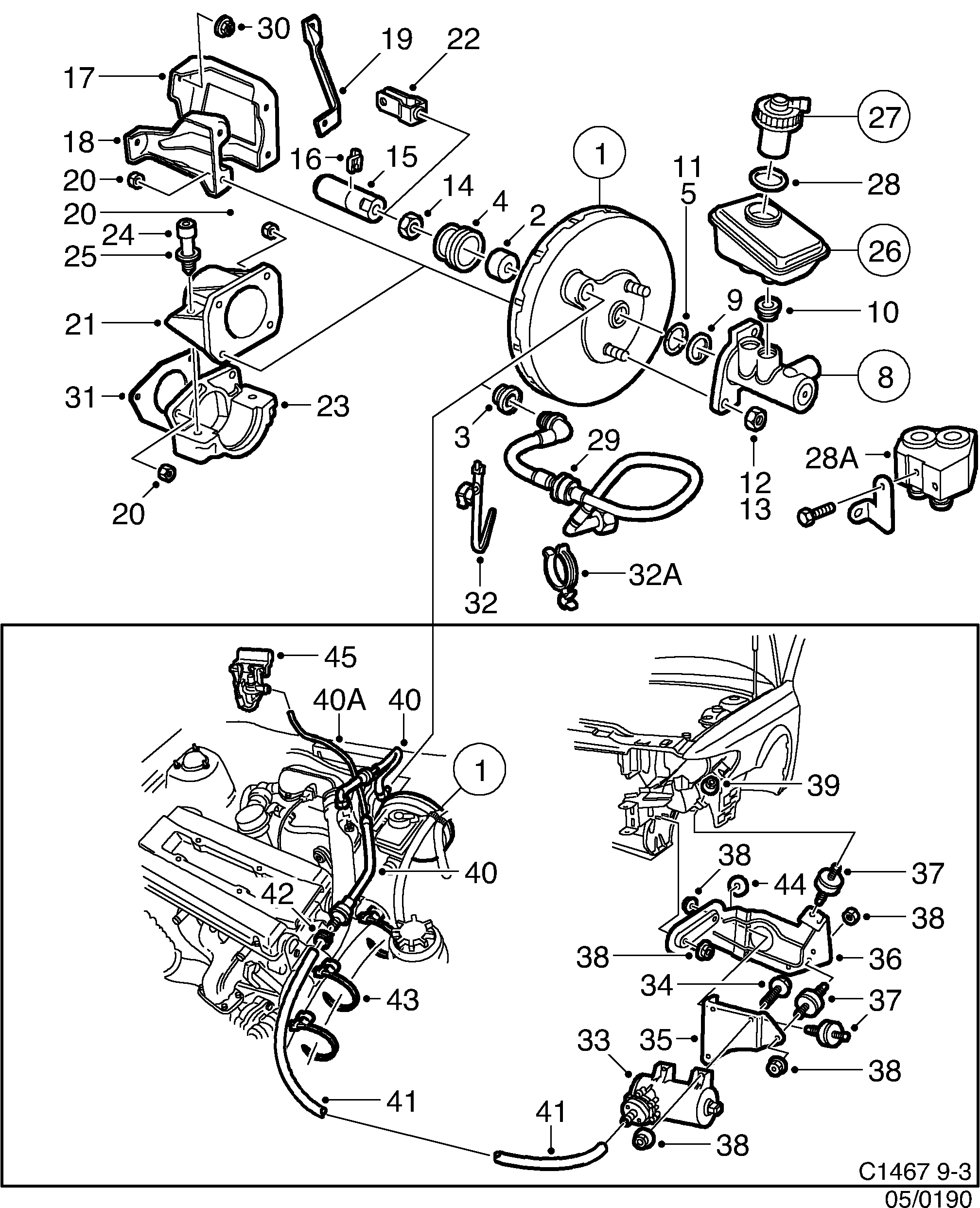 Saab 9-3 (9400) Master cylinder vacuum brake booster diagram