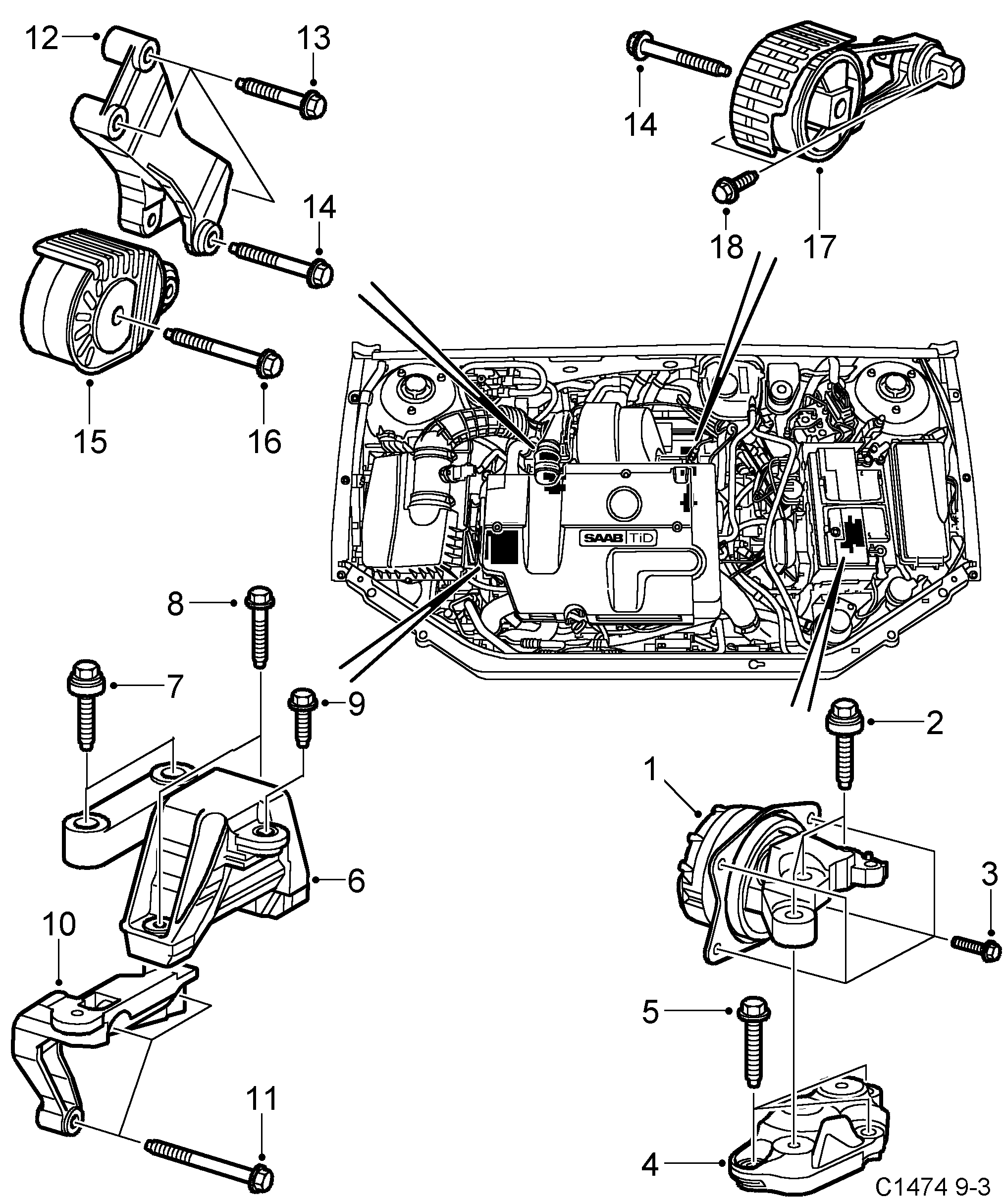 Saab 9-3 (9440) Engine suspension diagram