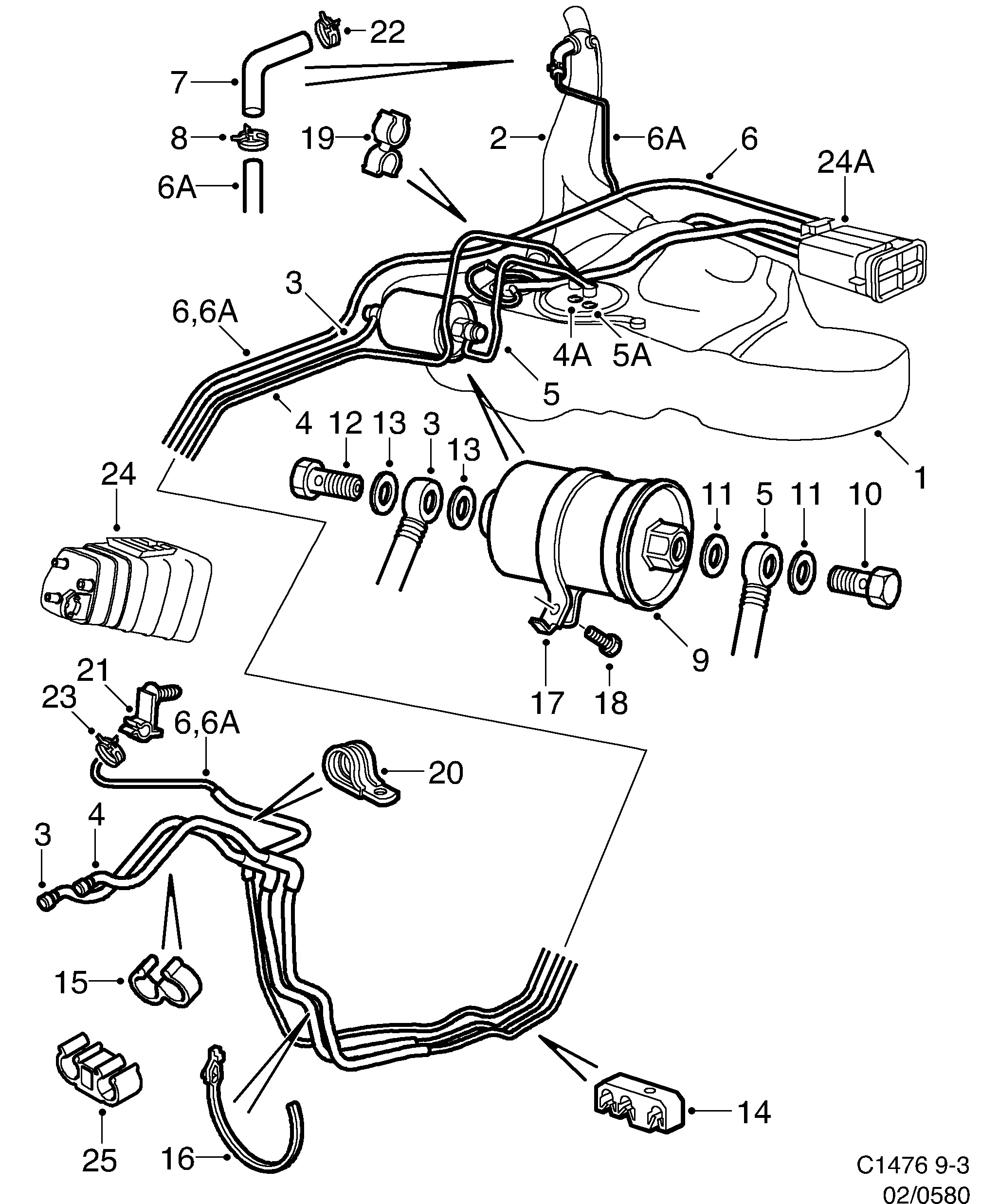Saab 9-3 (9400) Fuel pipe Fuel filter diagram
