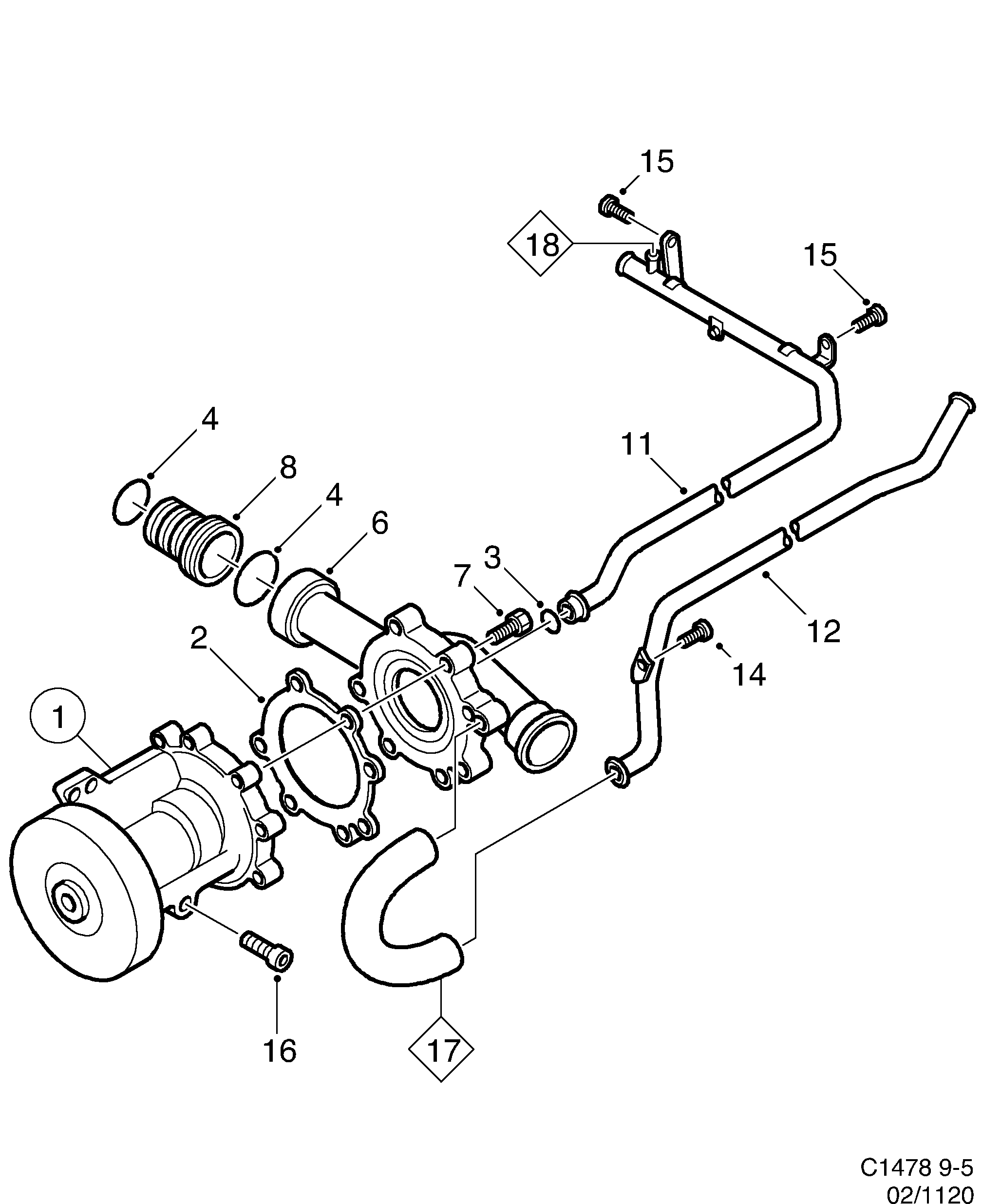 Saab 9-5 (9600) Coolant pump diagram