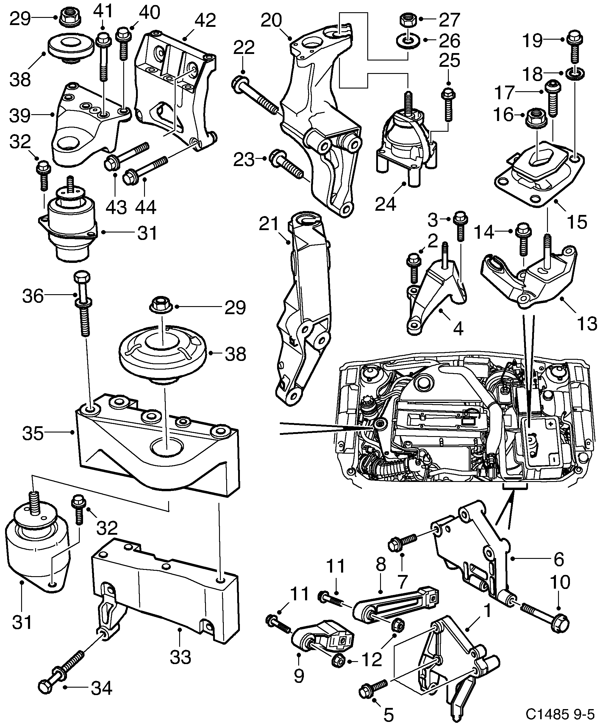Saab 9-5 (9600) Engine suspension diagram