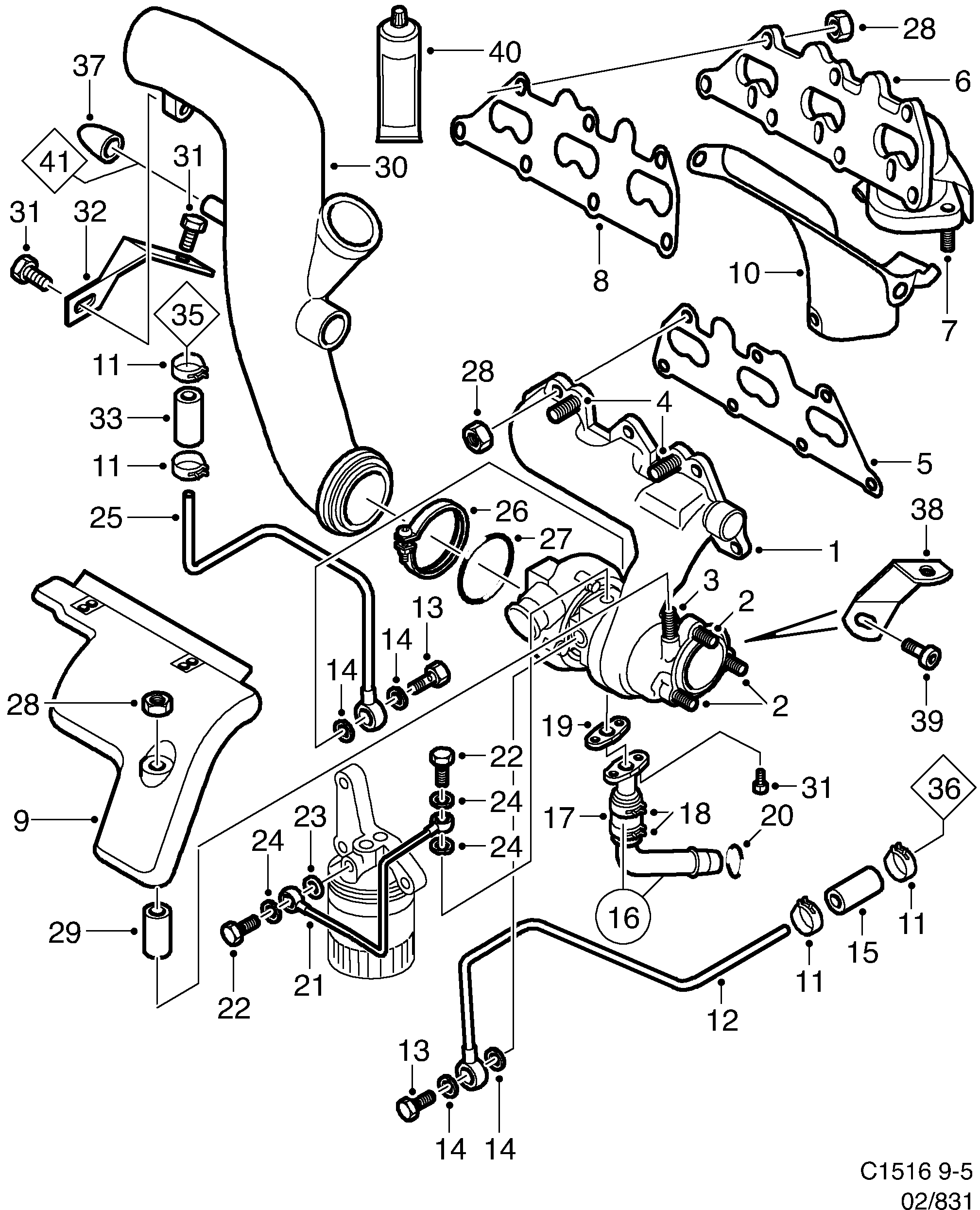 Saab 9-5 (9600) Exhaust manifold Turbocharger diagram