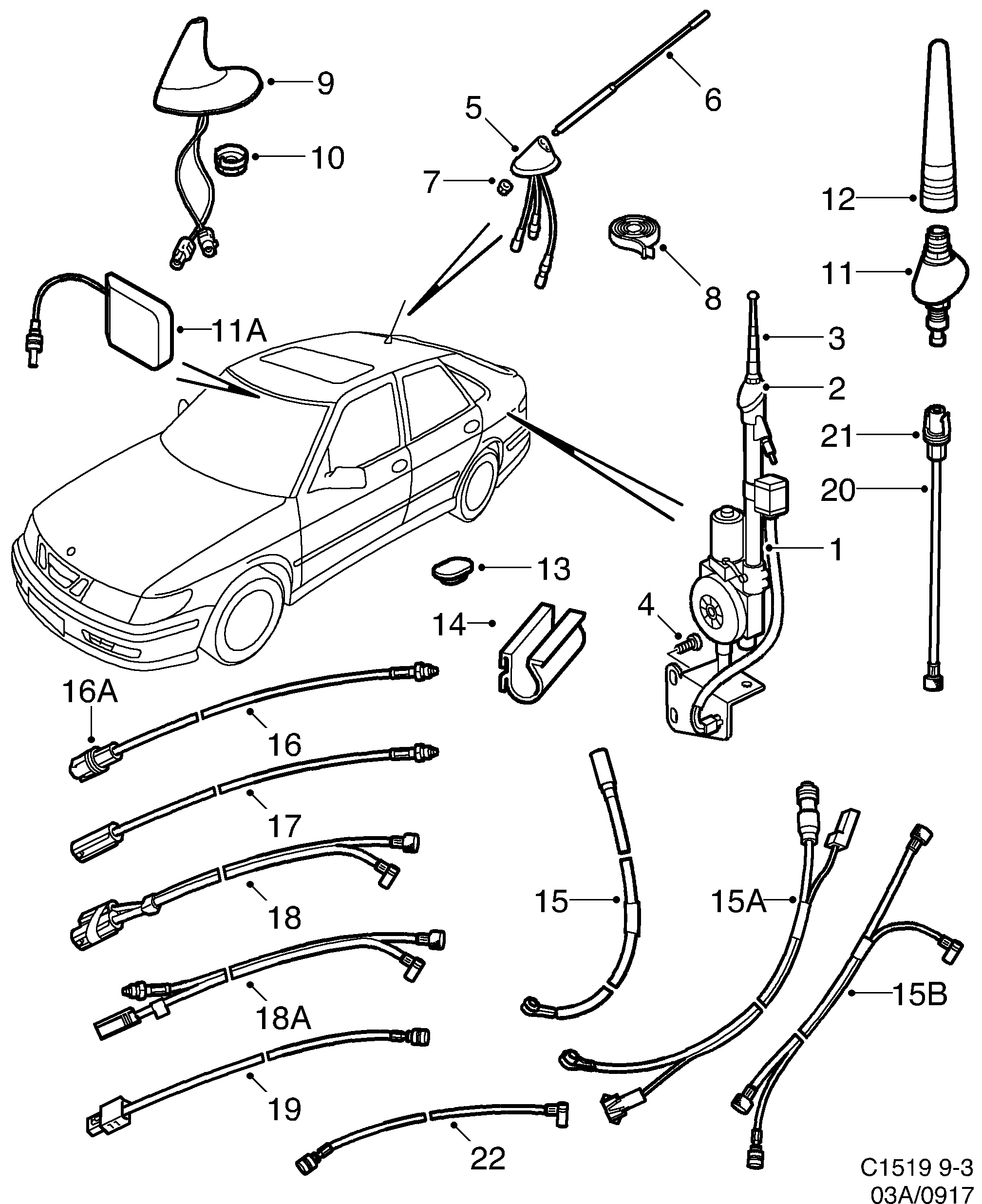 Saab 9-3 (9400) Antenna Antenna cable diagram