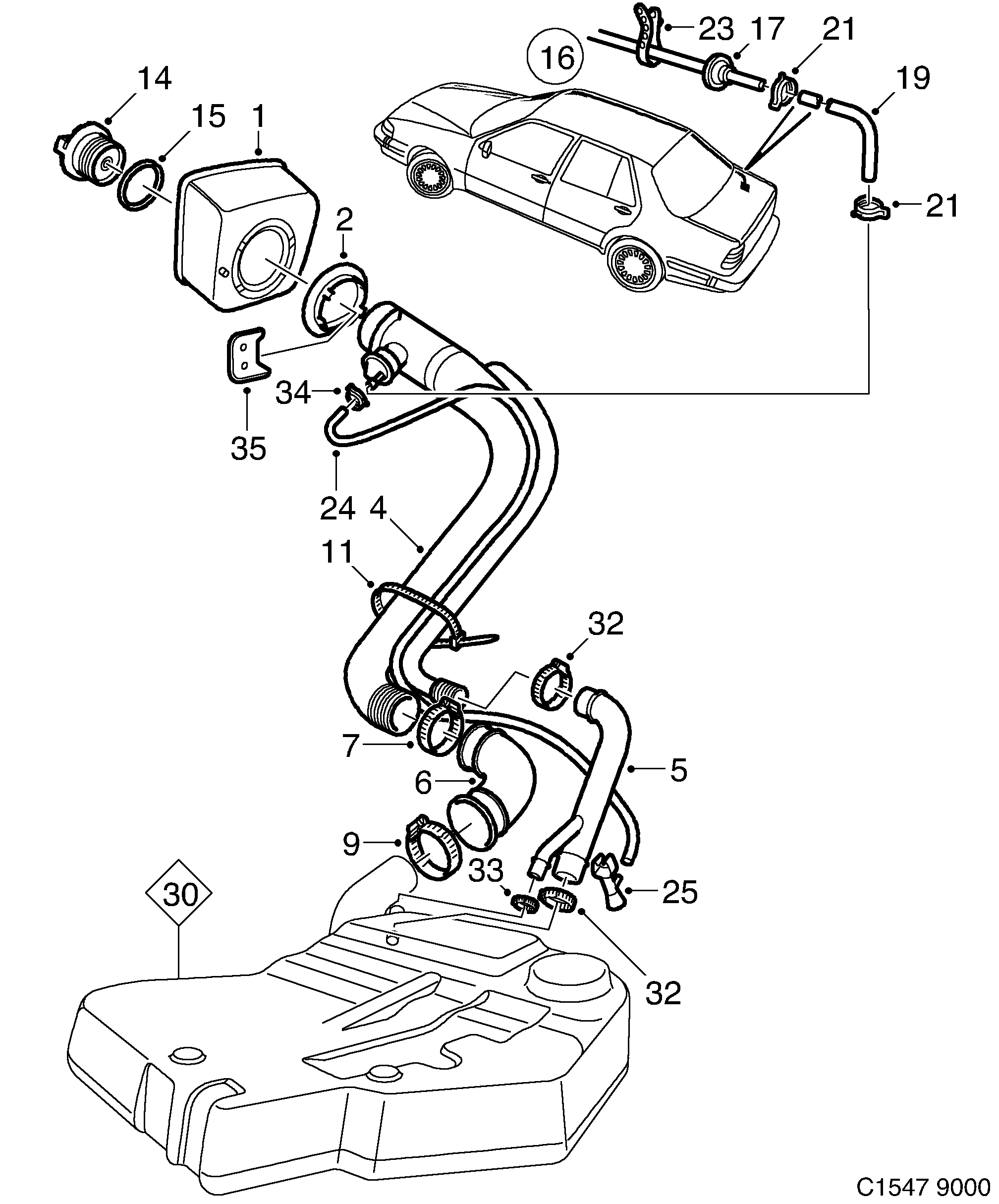 Saab 9000 Filler pipe diagram