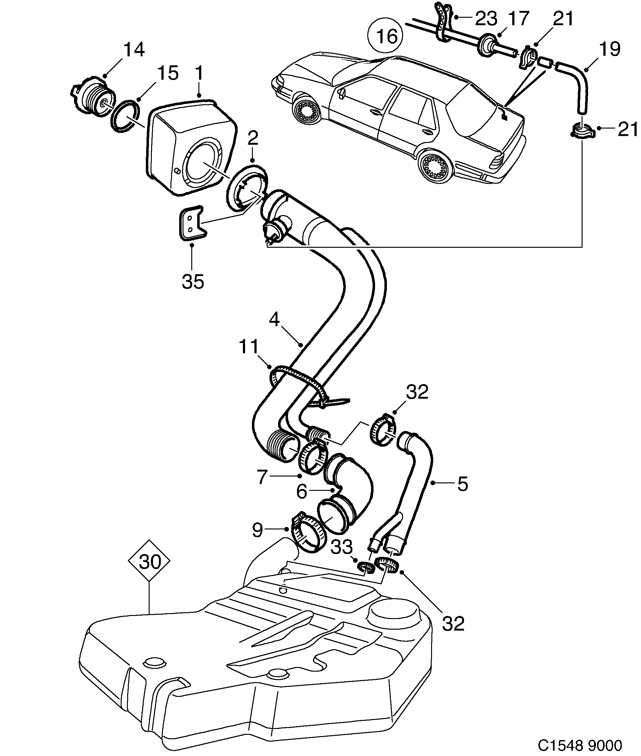 Saab 9000 Filler pipe diagram