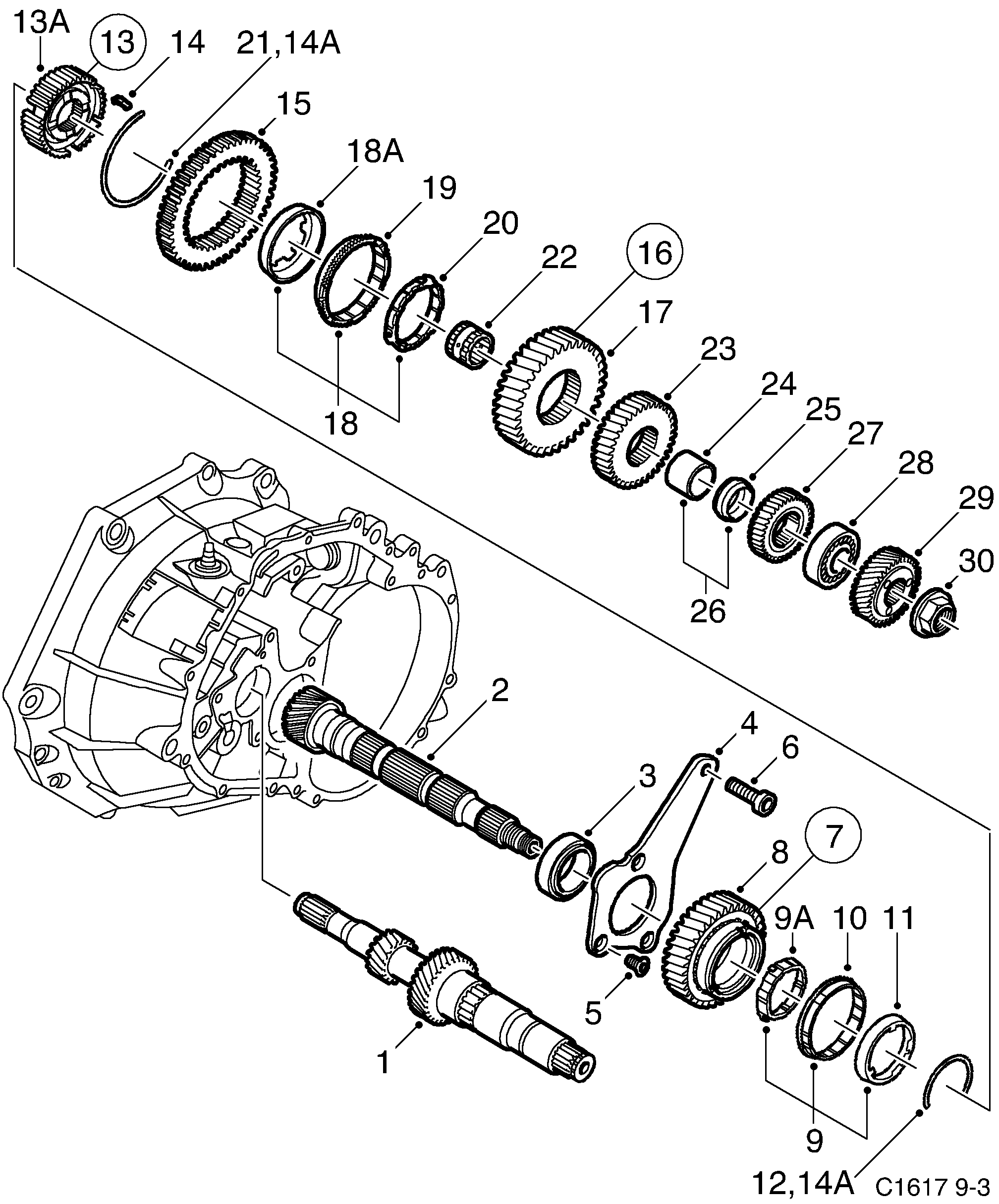 Saab 9-3 (9440) Shafts, gears Output shaft diagram