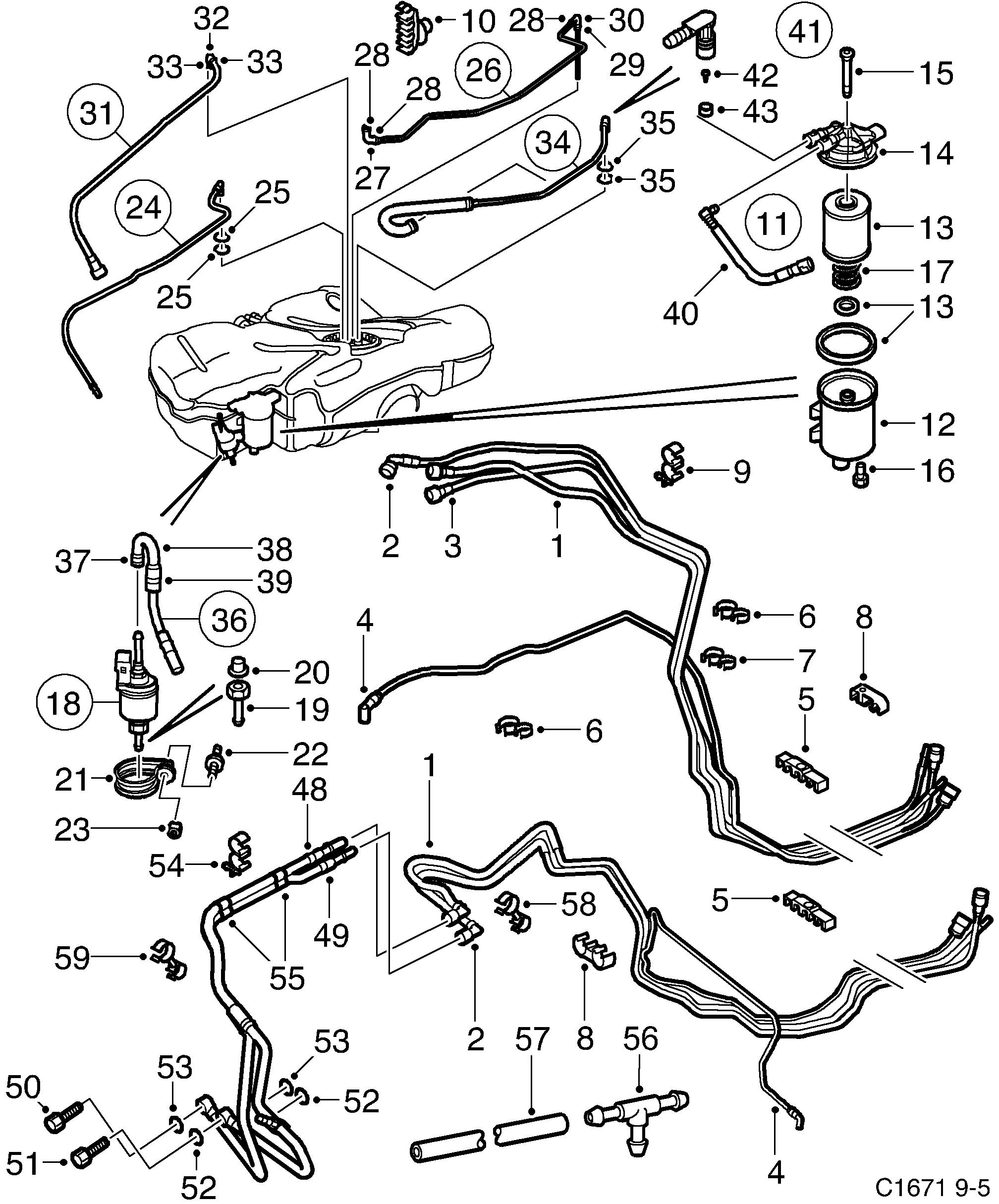 Saab 9-5 (9600) Fuel pipe Fuel filter diagram