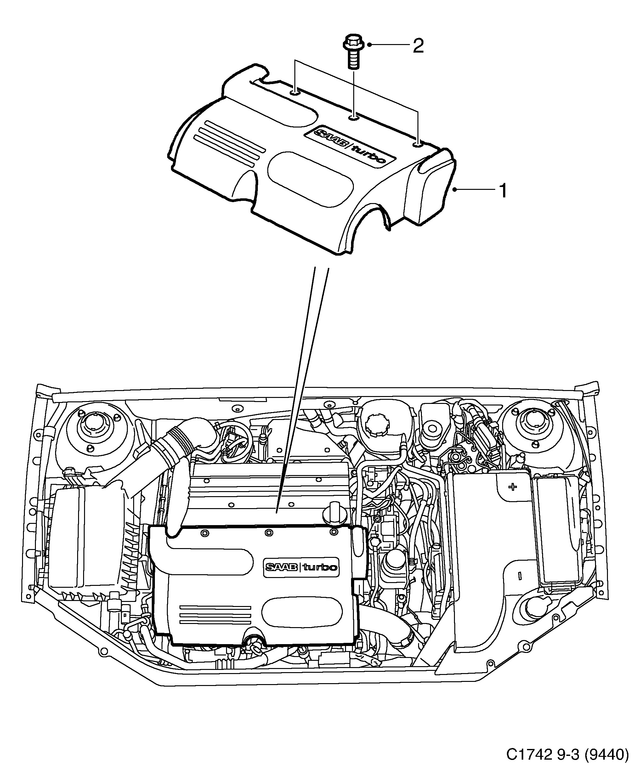 Saab 9-3 (9440) Engine bay cover diagram