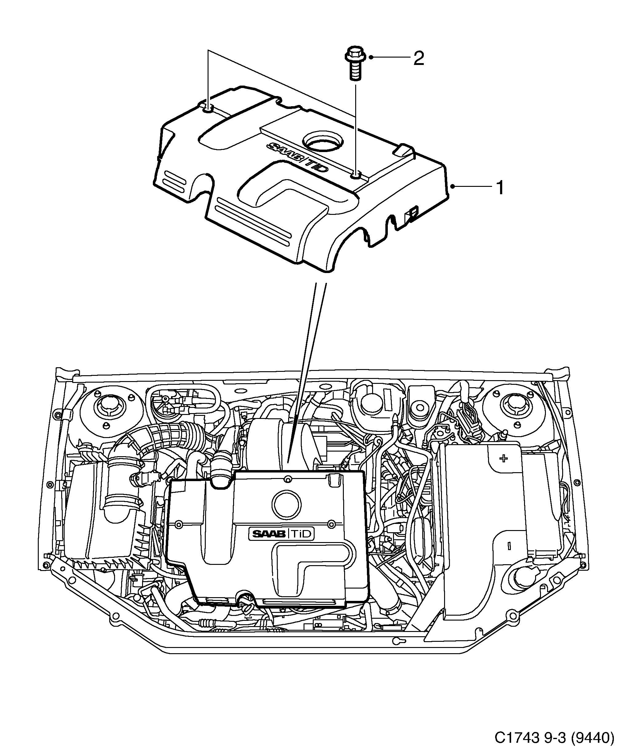 Saab 9-3 (9440) Engine bay cover diagram